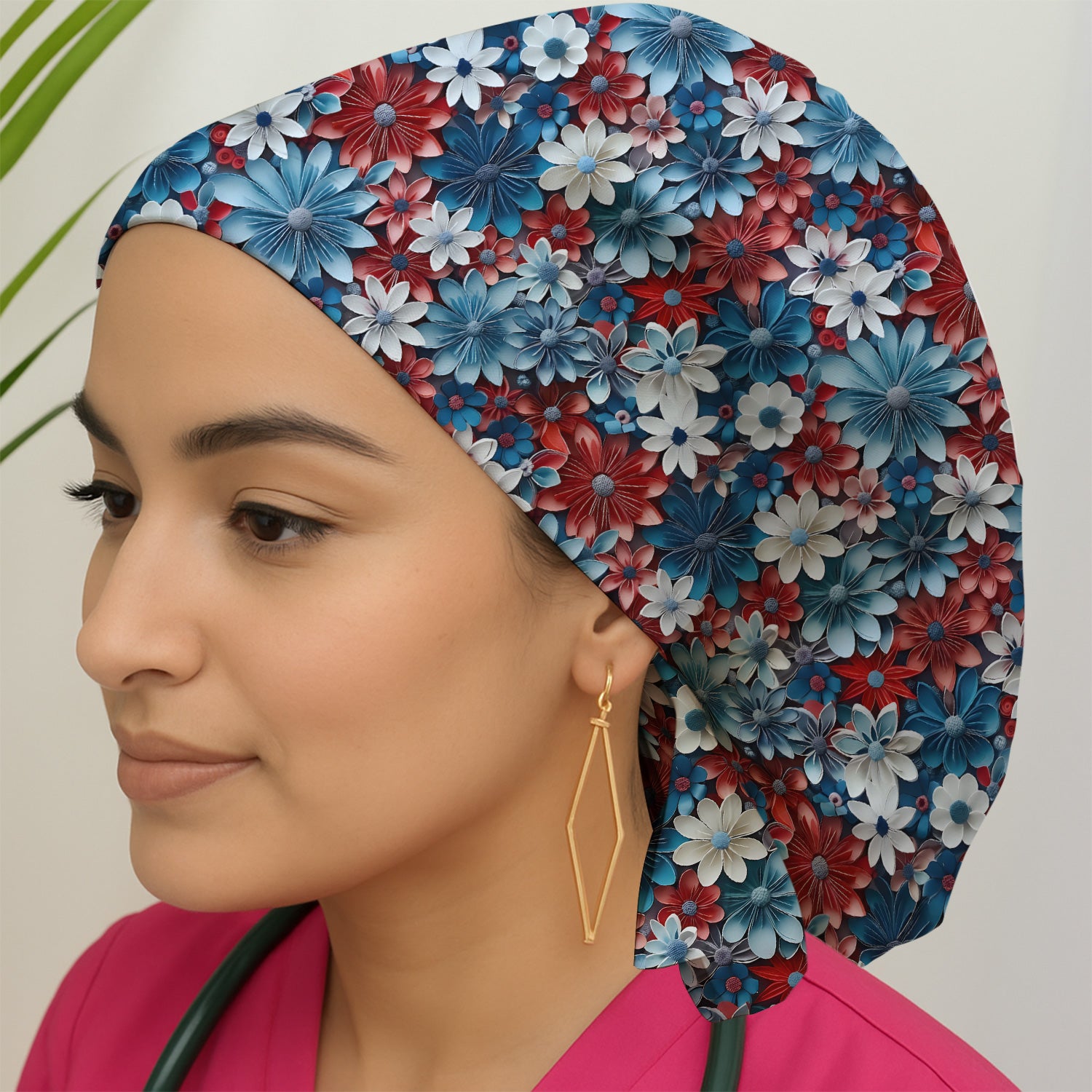 Patriotic 3D Floral Nurse for RN & CNA, Red Blue White Healthcare Workers Uniform Scrub Cap, Surgical Caps for Doctors