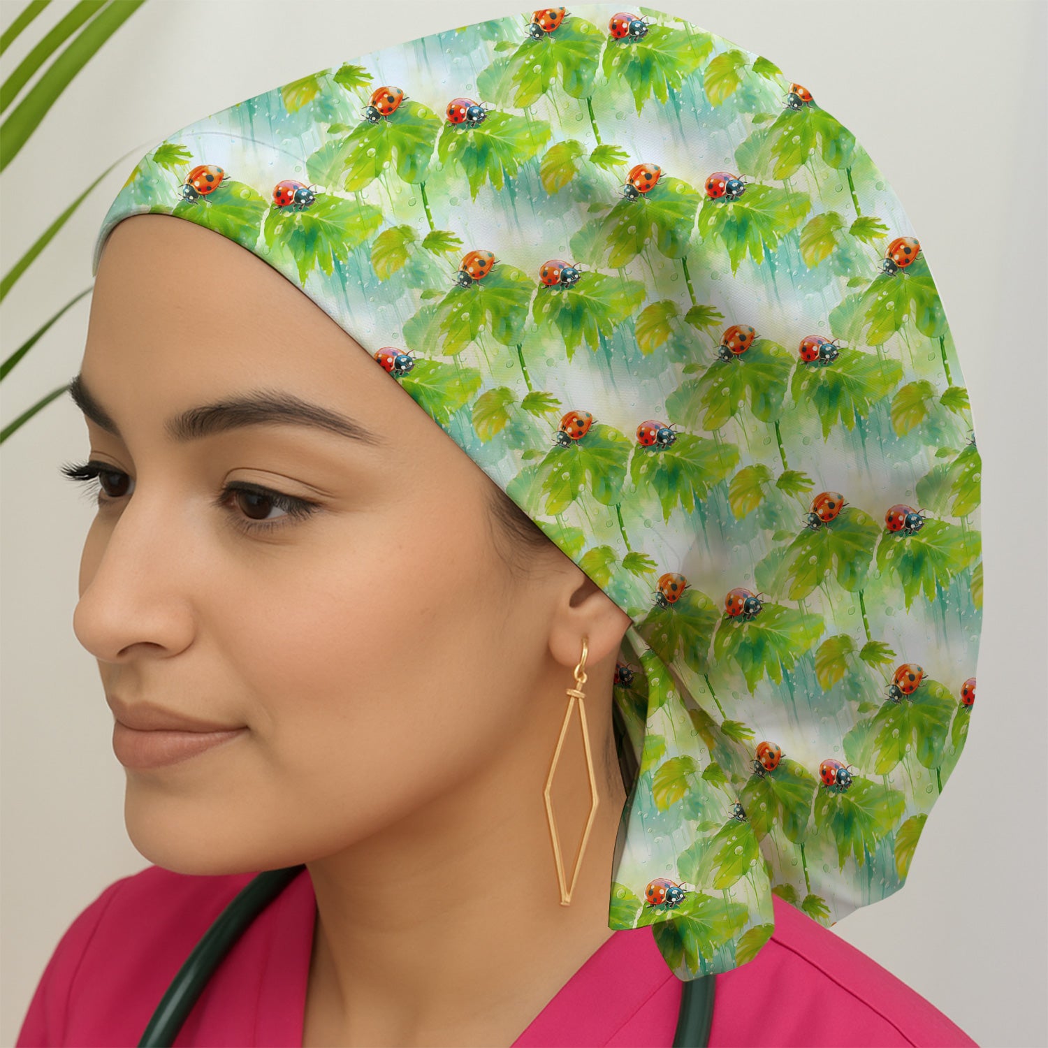 Ladybugs On Rainy Leaves Pattern Scrub Cap, Surgical Caps for Doctors