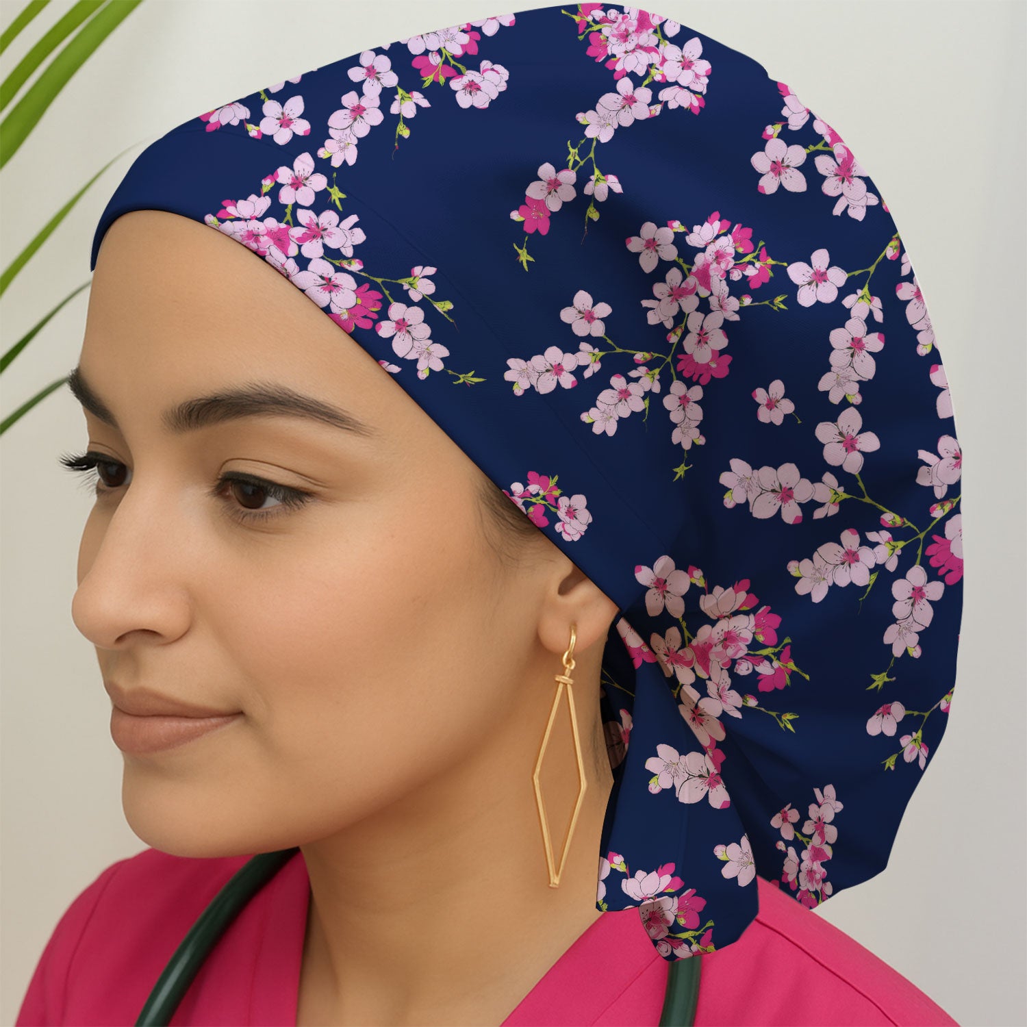 Elegant Cherry Blossom Floral Pattern Bouffant Cap, Scrub Caps for Women