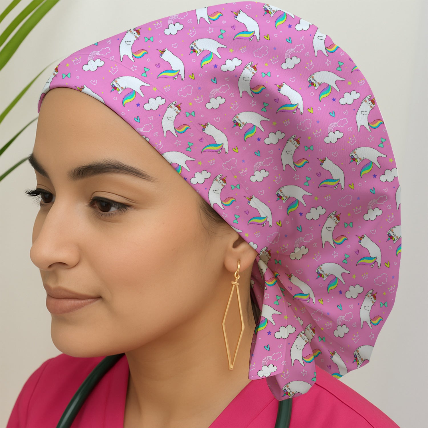 Unicorn Cat With Rainbow Tail Clouds Scrub Cap, Surgical Caps for Doctors