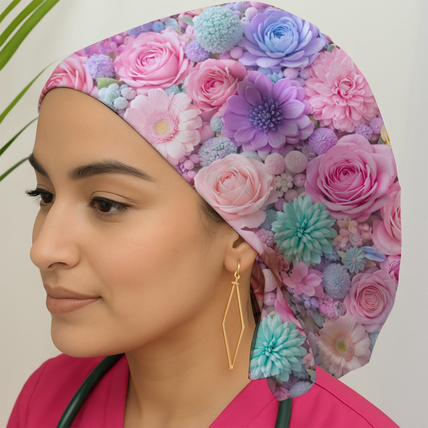 Pastel Floral Scrub Cap, Pink Rose Candy Color Surgical Cap for Doctors