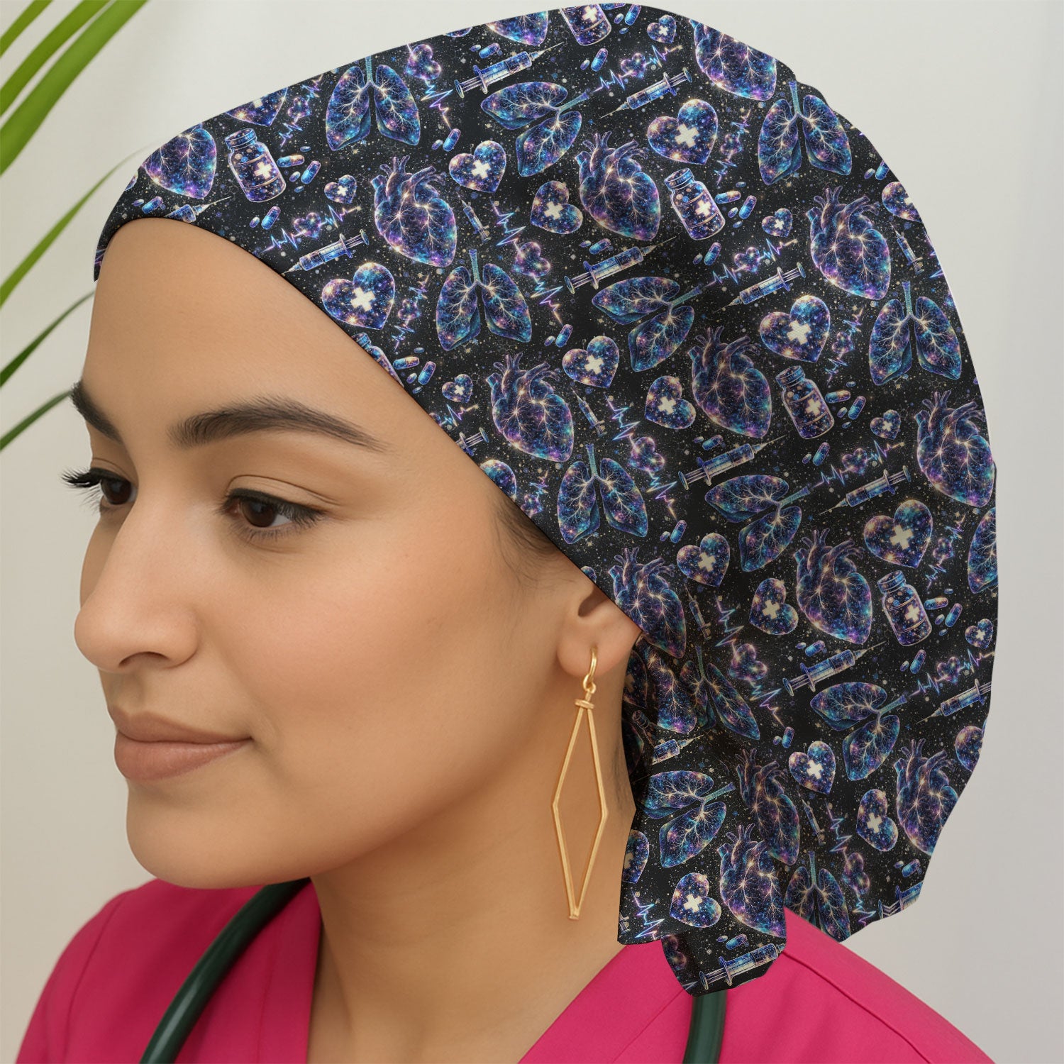 Galaxy Anatomical Heart Lung Syringe Print Cap, Bouffant Scrub Caps for Women