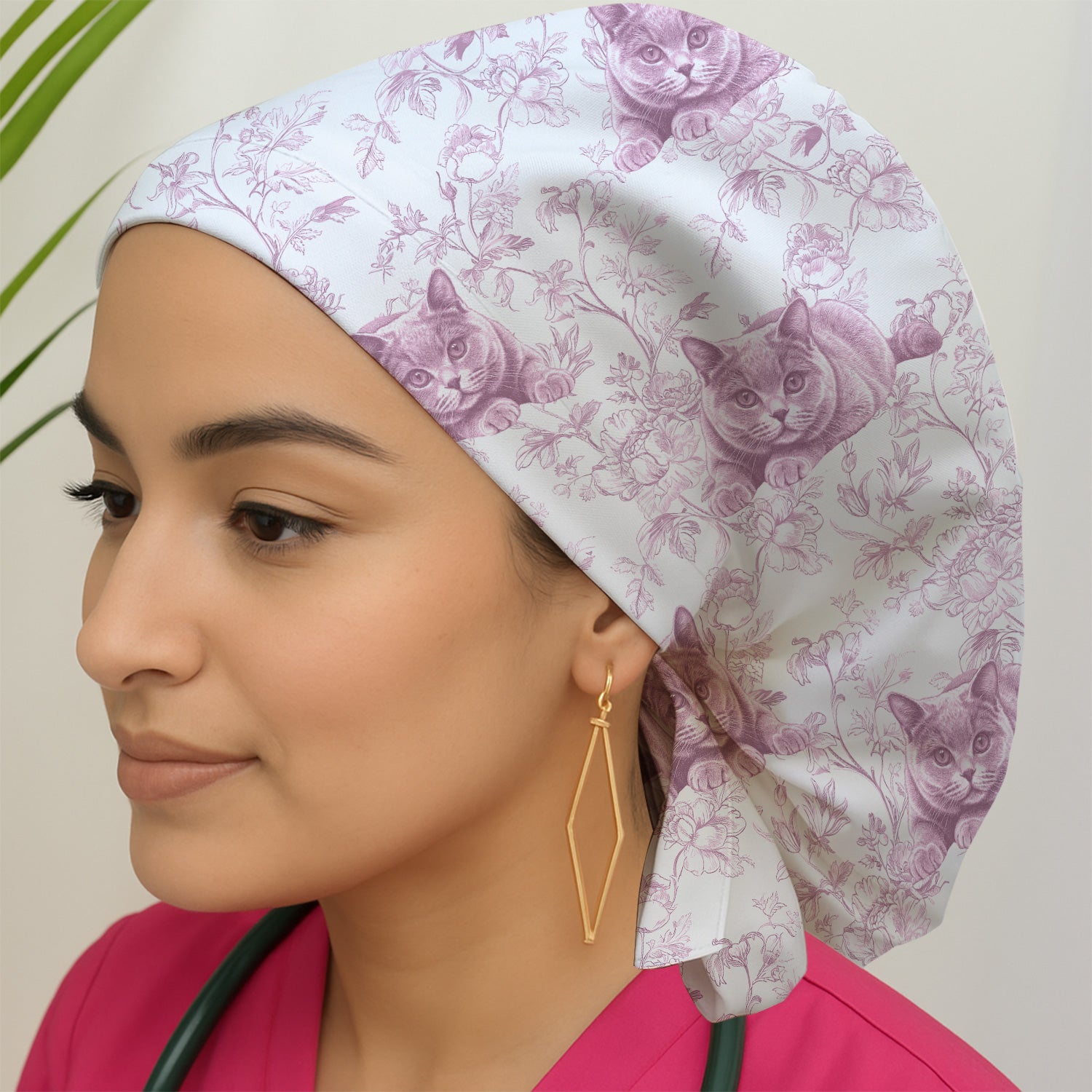 Custom Dog Cat Style Chinoiserie Pattern Caps, Bouffant Scrub Caps for Women