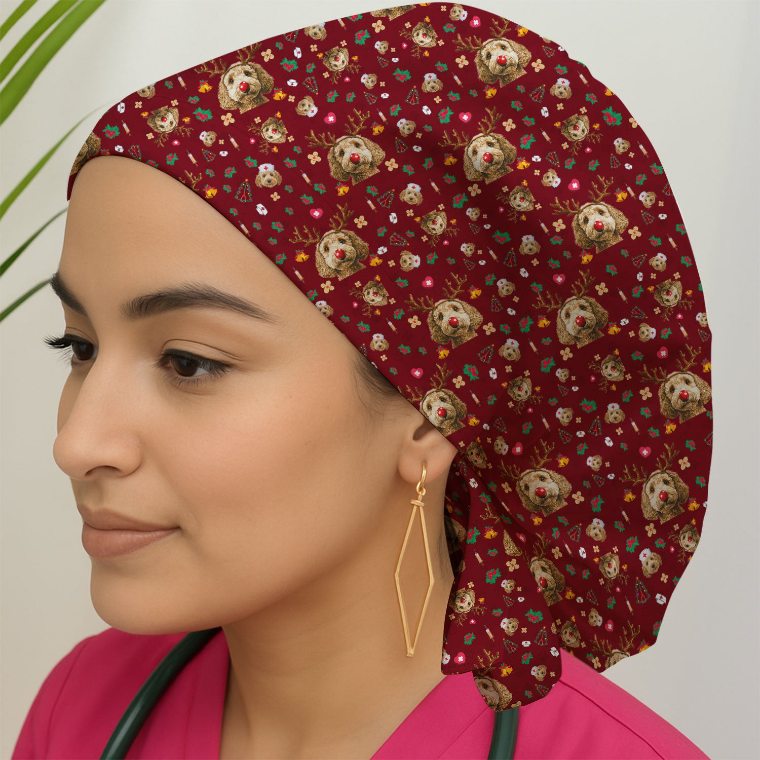 Christmas Labradoodle Bouffant Scrub Caps for Women - Funny Reindeer Dog Cap