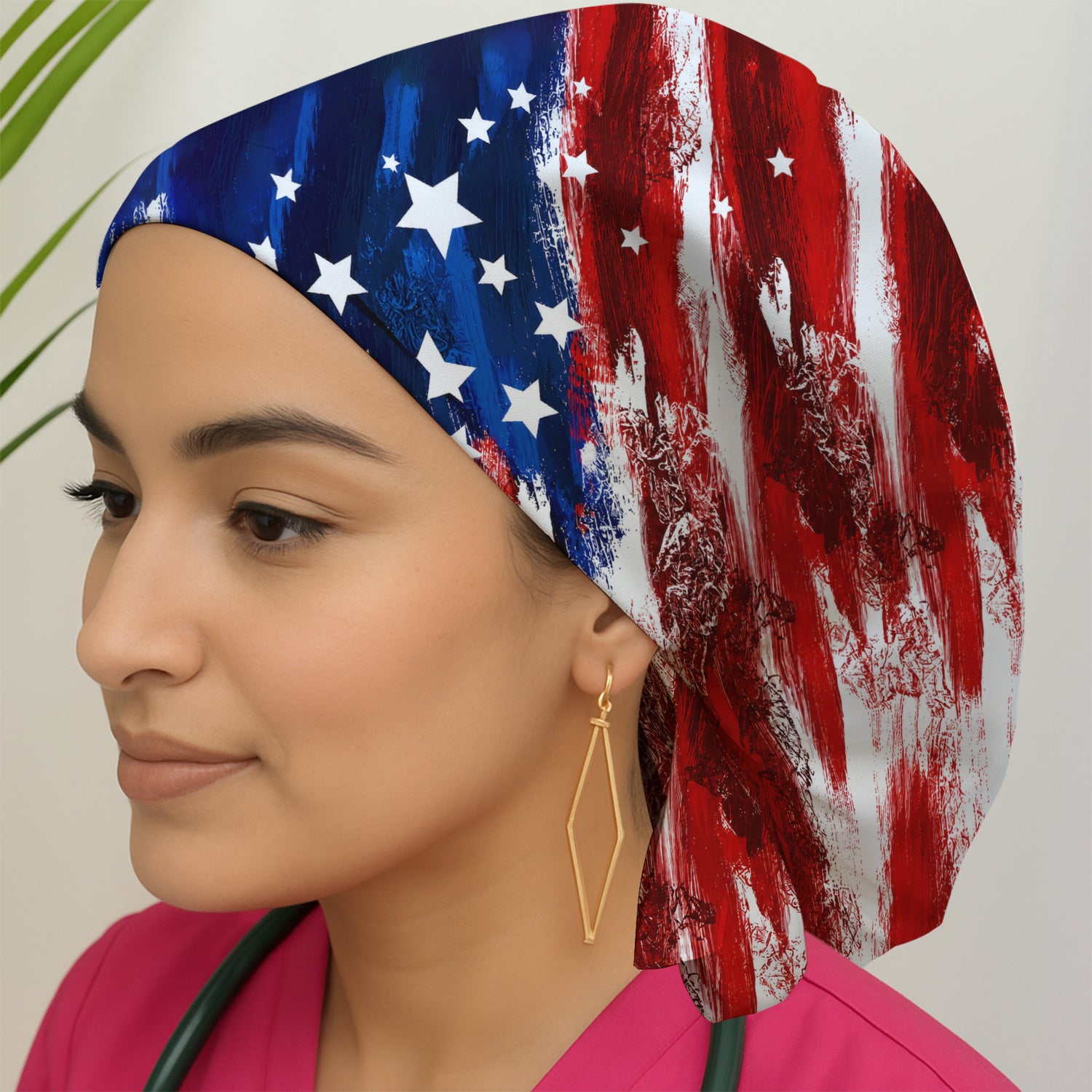 Patriotic American Flag Nurse Scrub Top for RN, CNA, Healthcare Workers, USA Medical Uniform Scrub Cap, Surgical Caps for Doctors