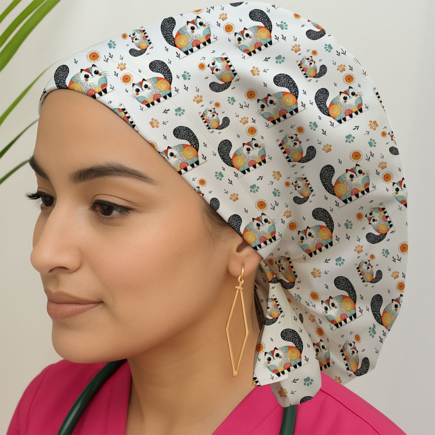 Playful Cat Illustration Scrub Cap, Bouffant Scrub Caps for Women