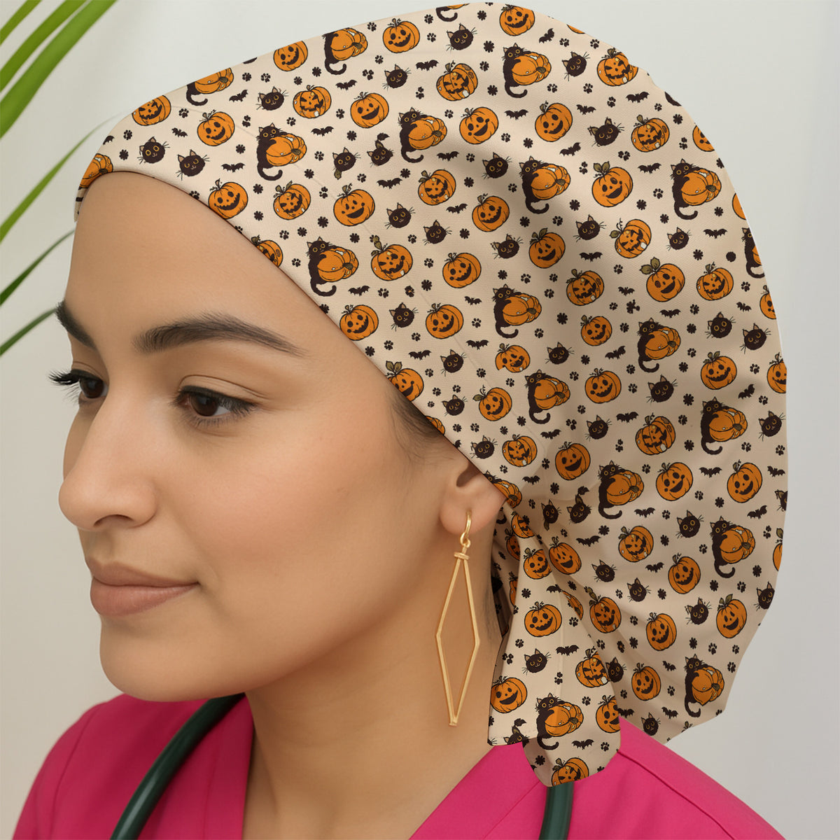 Cute Halloween Black Cat And Pumpkins Scrub Cap, Surgical Caps for Nurses