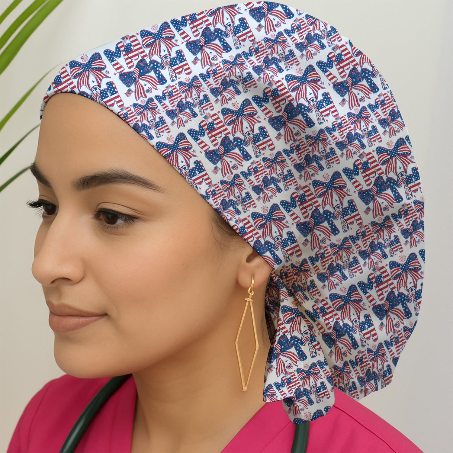 American Flag MaMa Bow Pattern Scrub Cap, Surgical Caps for Doctors