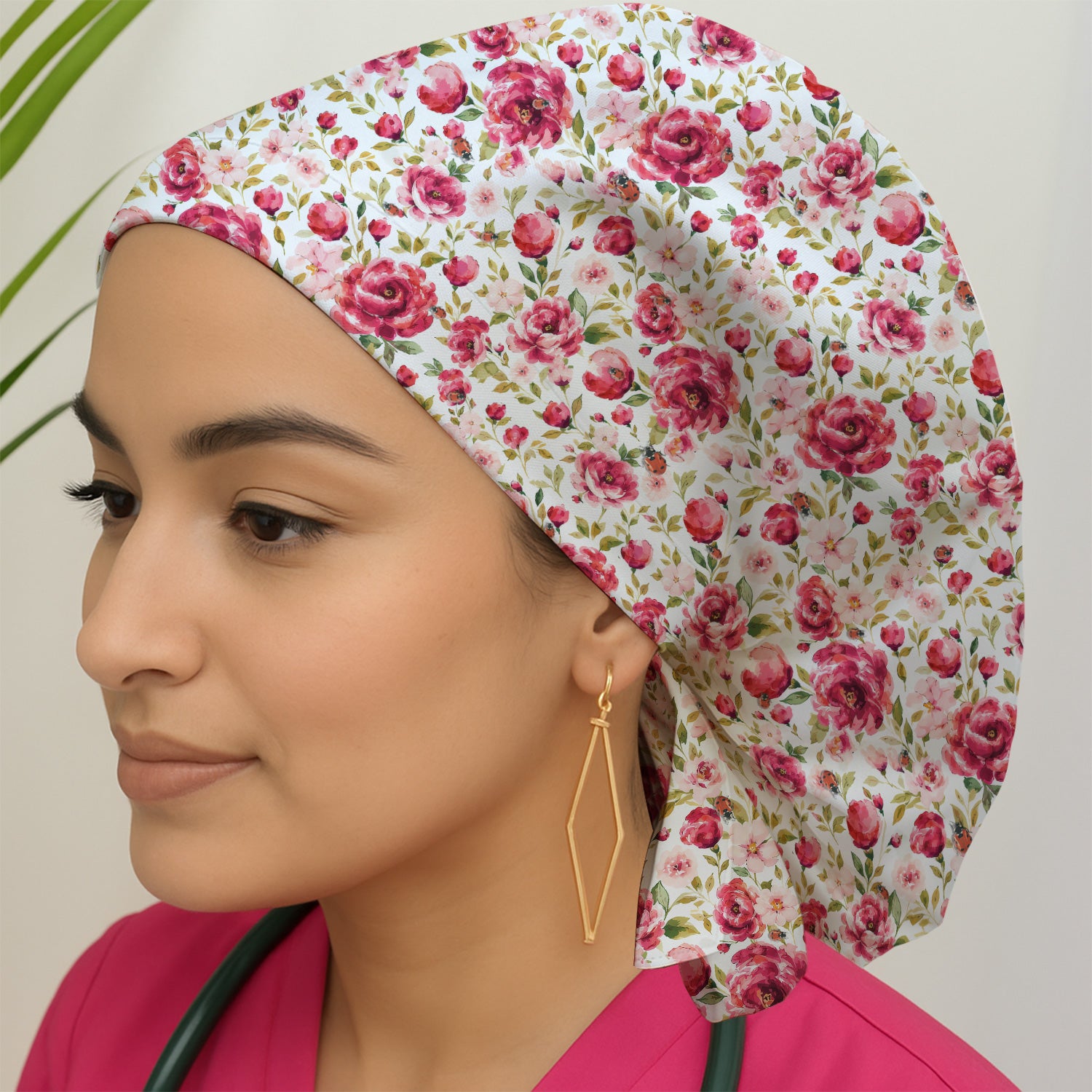 Pink Rose Ladybug Garden Pattern Scrub Cap, Surgical Caps for Doctors