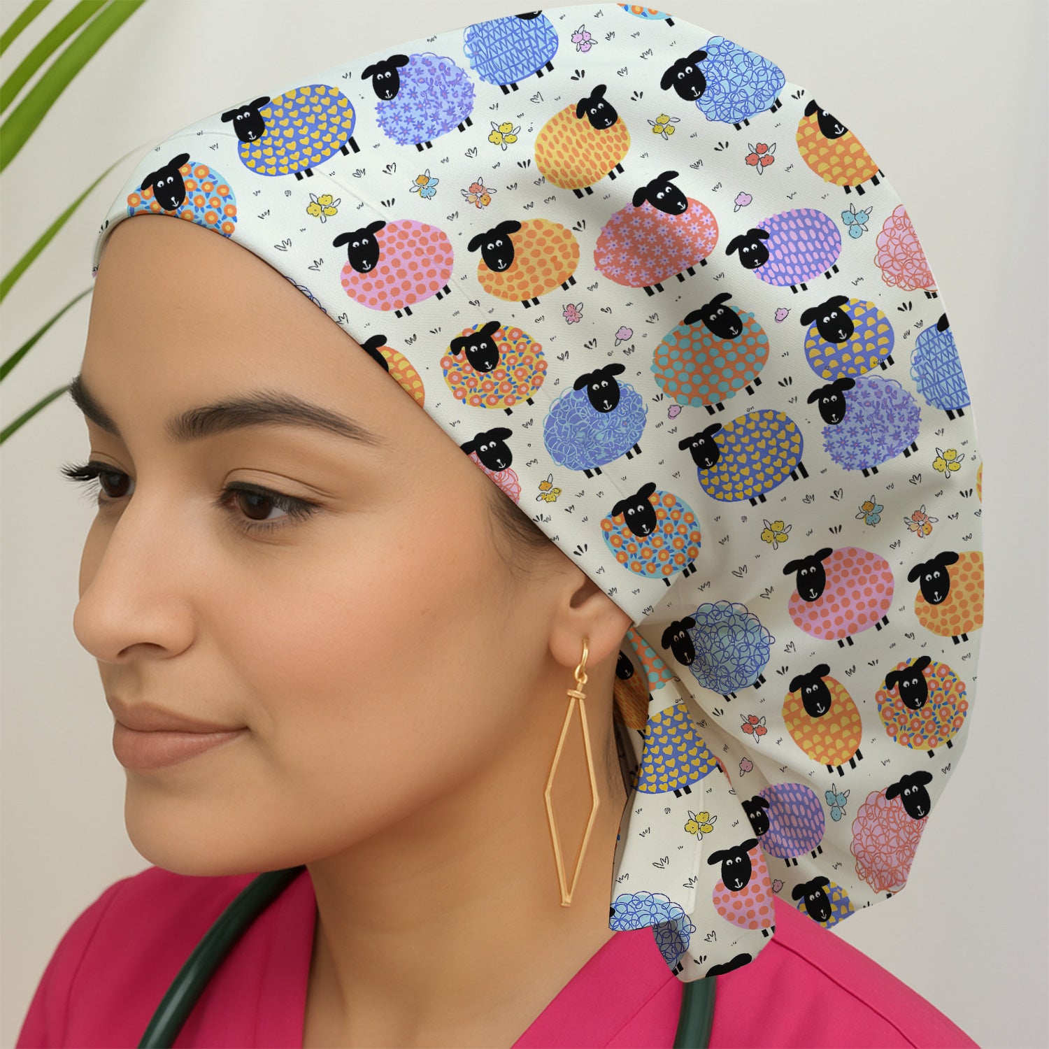 Funny Colorful Sheep Pattern Cap, Bouffant Scrub Caps for Women