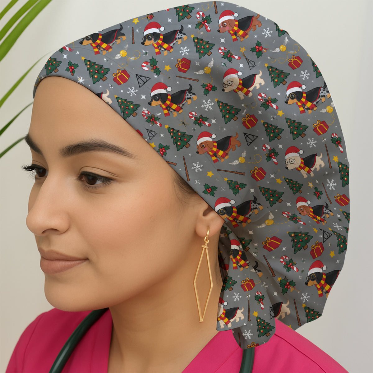 Christmas Wizard Dachshunds Pattern Scrub Cap, Surgical Caps for Doctors