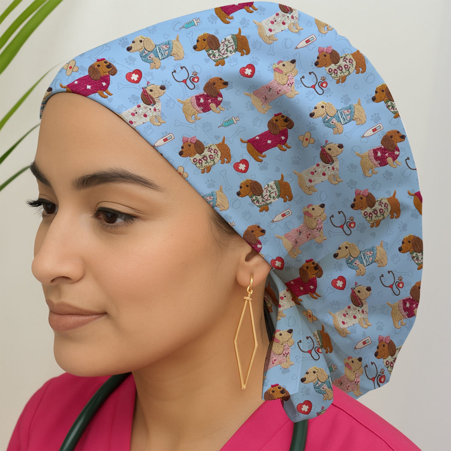 Cute Medical Wiener Dog Pattern Nurse Cap, Dachshund Nursing Scrub Hat, Breathable Fabrics Nursing Uniform