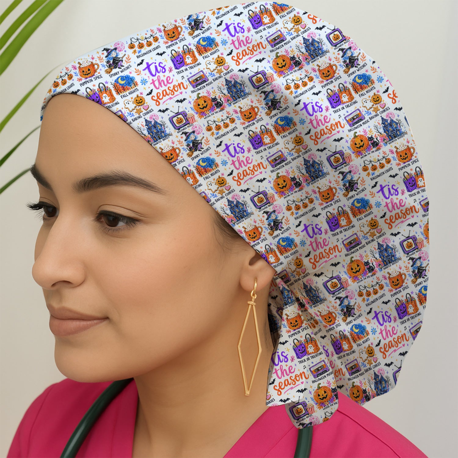 Pumpkin Ghost Spooky Season Print Scrub Cap, Surgical Caps for Doctors
