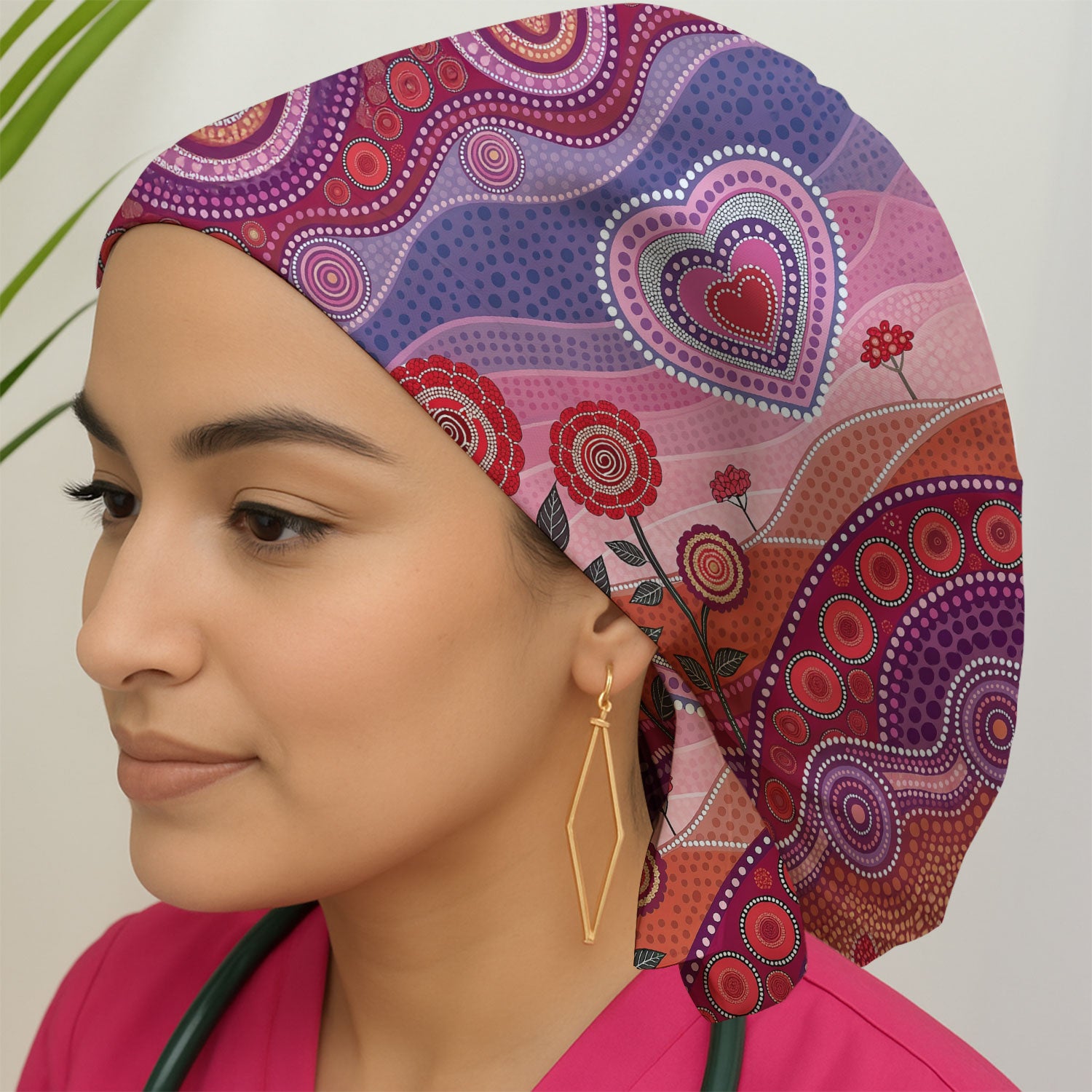 Boho Dot Art Valentine Scrub Cap, Artistic Heart Pattern Nurse Hat, Comfortable Scrubs For Nursing