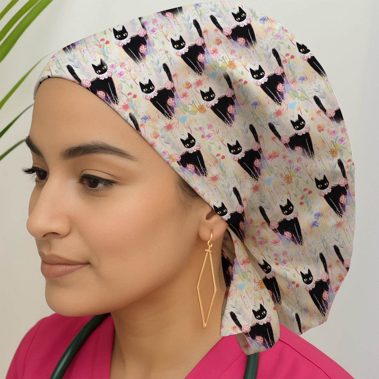 Black Cat Floral Garden Nurse Pattern Scrub Cap, Surgical Caps for Doctors