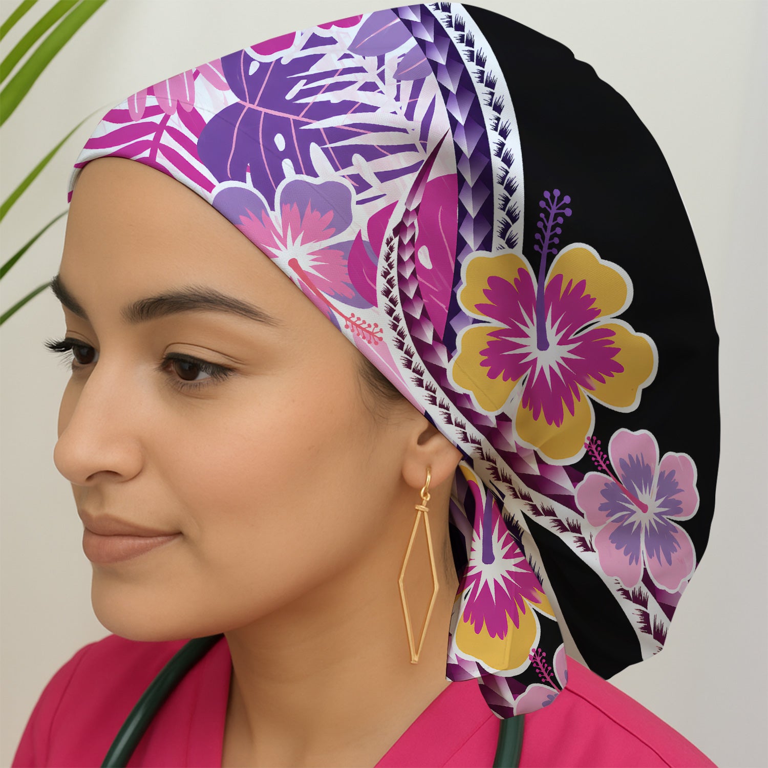 Nurse Tropical Hibiscus Leaf Pattern Scrub Cap, Surgical Caps for Doctors