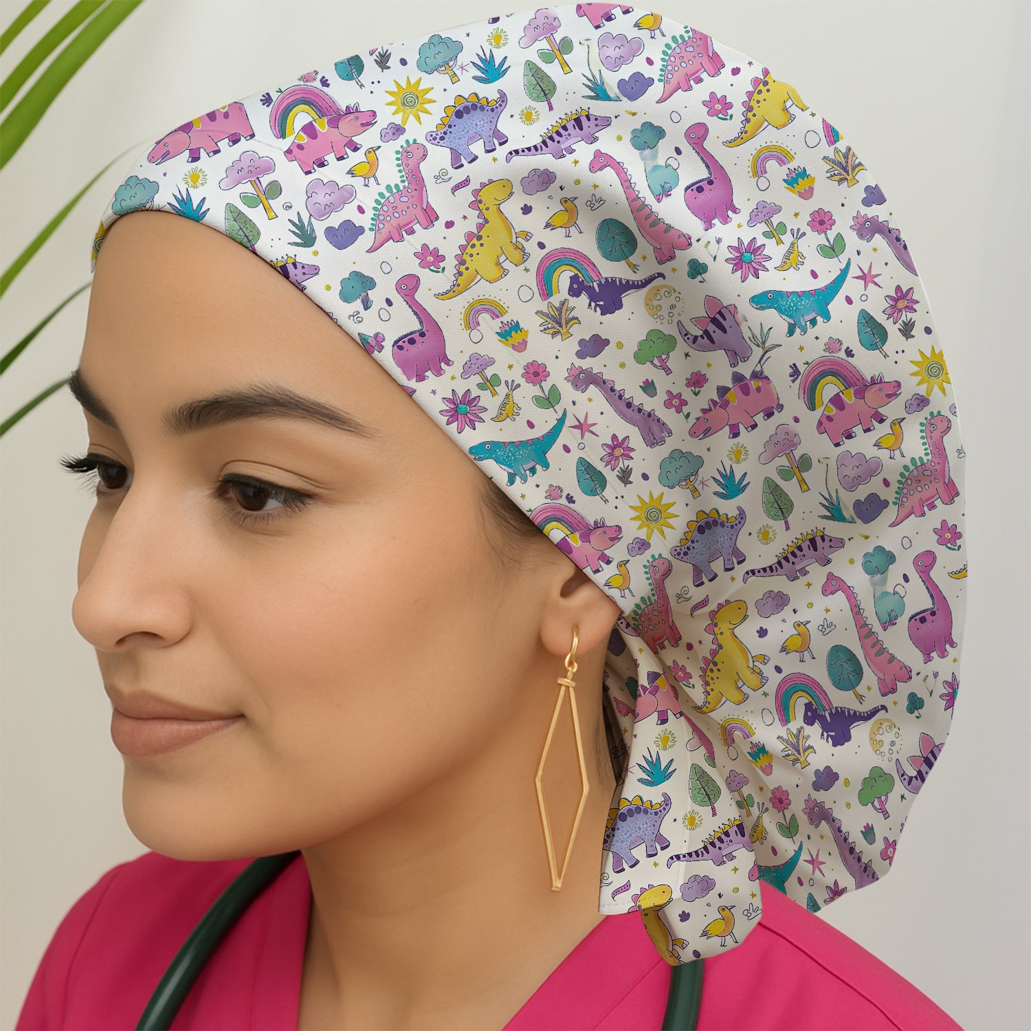 Cute Dinosaur Rainbow Pattern Scrub Cap, Surgical Caps for Doctors
