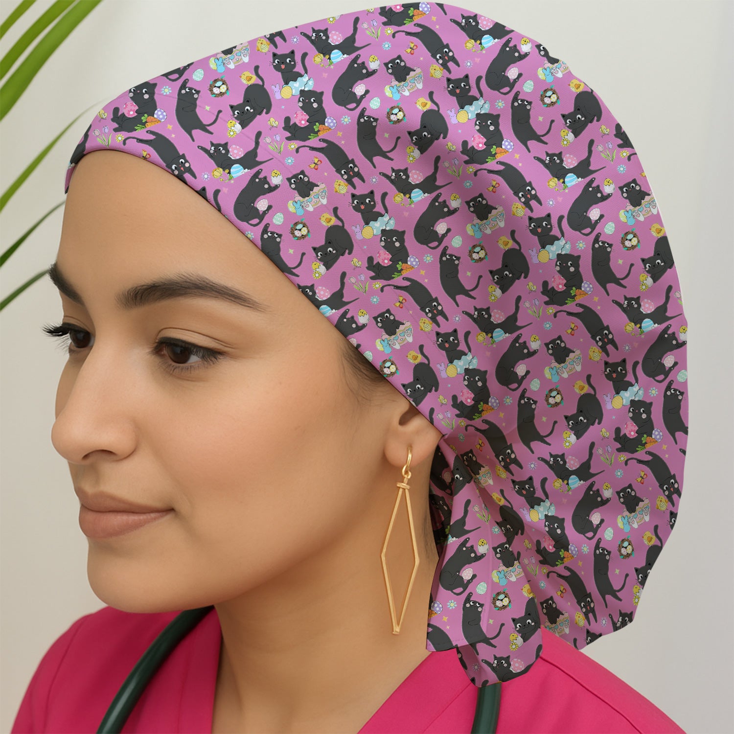 Playful Black Cat Easter Egg Pattern Cap, Bouffant Scrub Caps for Women