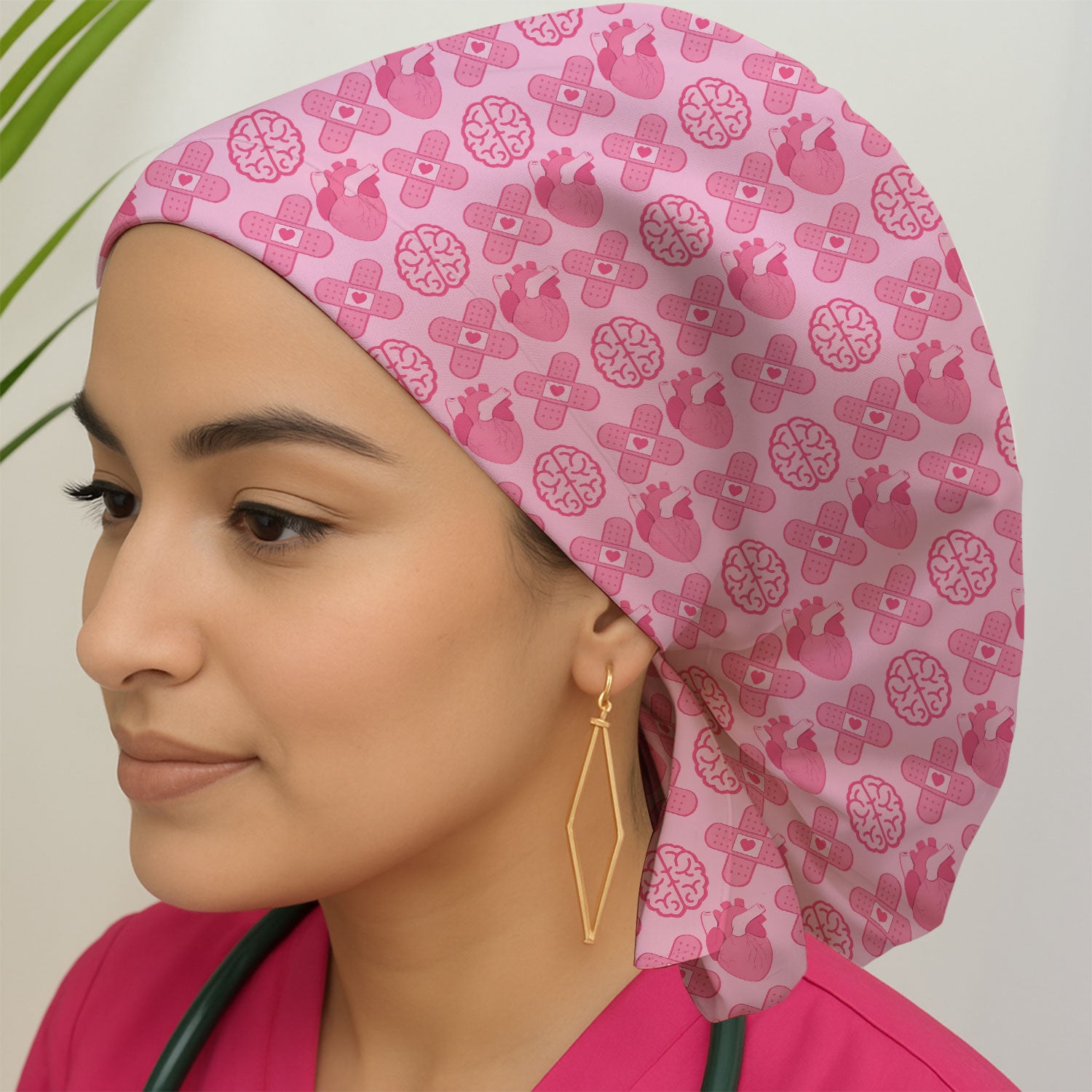 Heart & Brain Medical Icon Pattern Scrub Cap, Bouffant Scrub Caps for Women