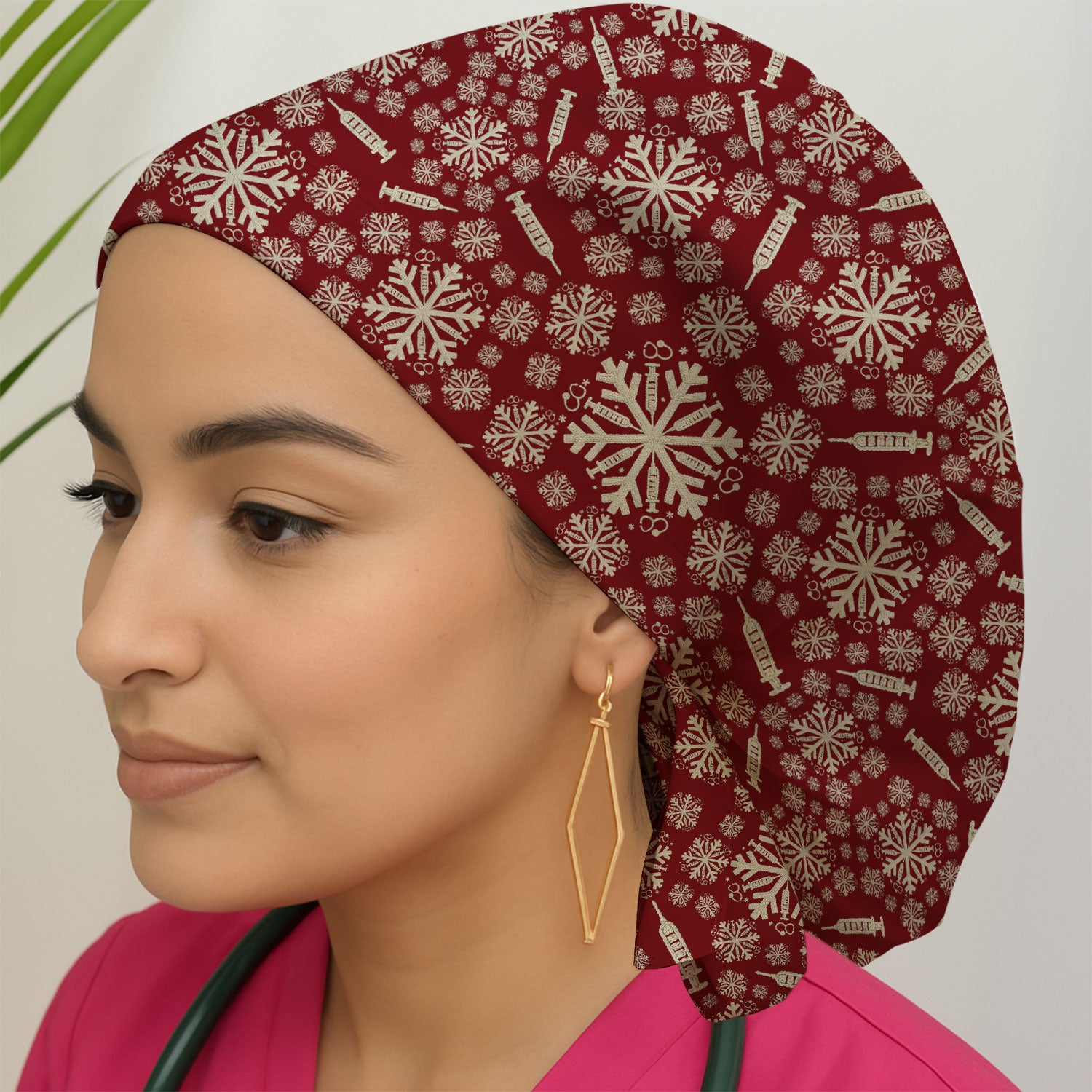 Snowflake Syringe Bouffant Scrub Caps for Women - Winter Snow Holiday Nursing Gift - Breathable Fabrics Caps Uniform