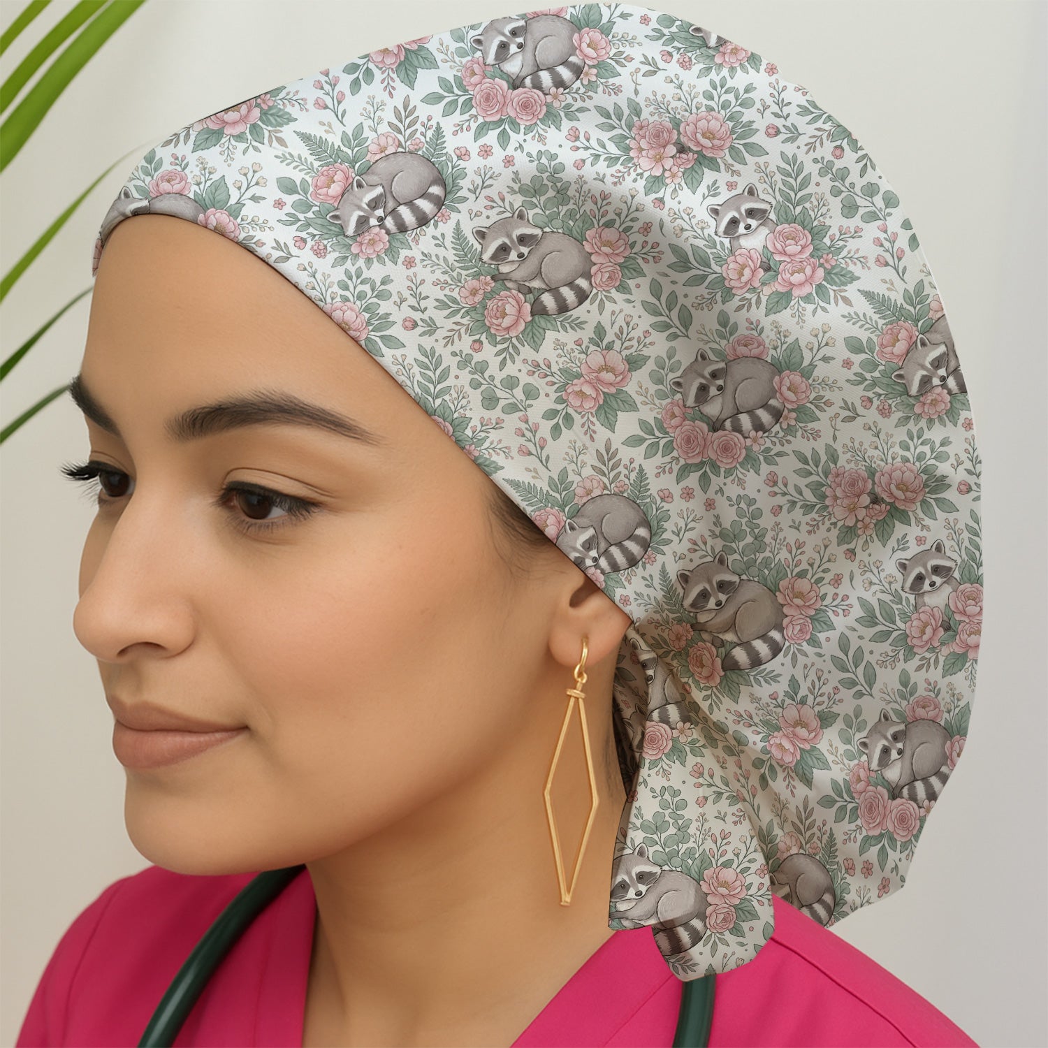 Sleeping Raccoon Rose Garden Pattern Cap, Bouffant Scrub Caps for Women