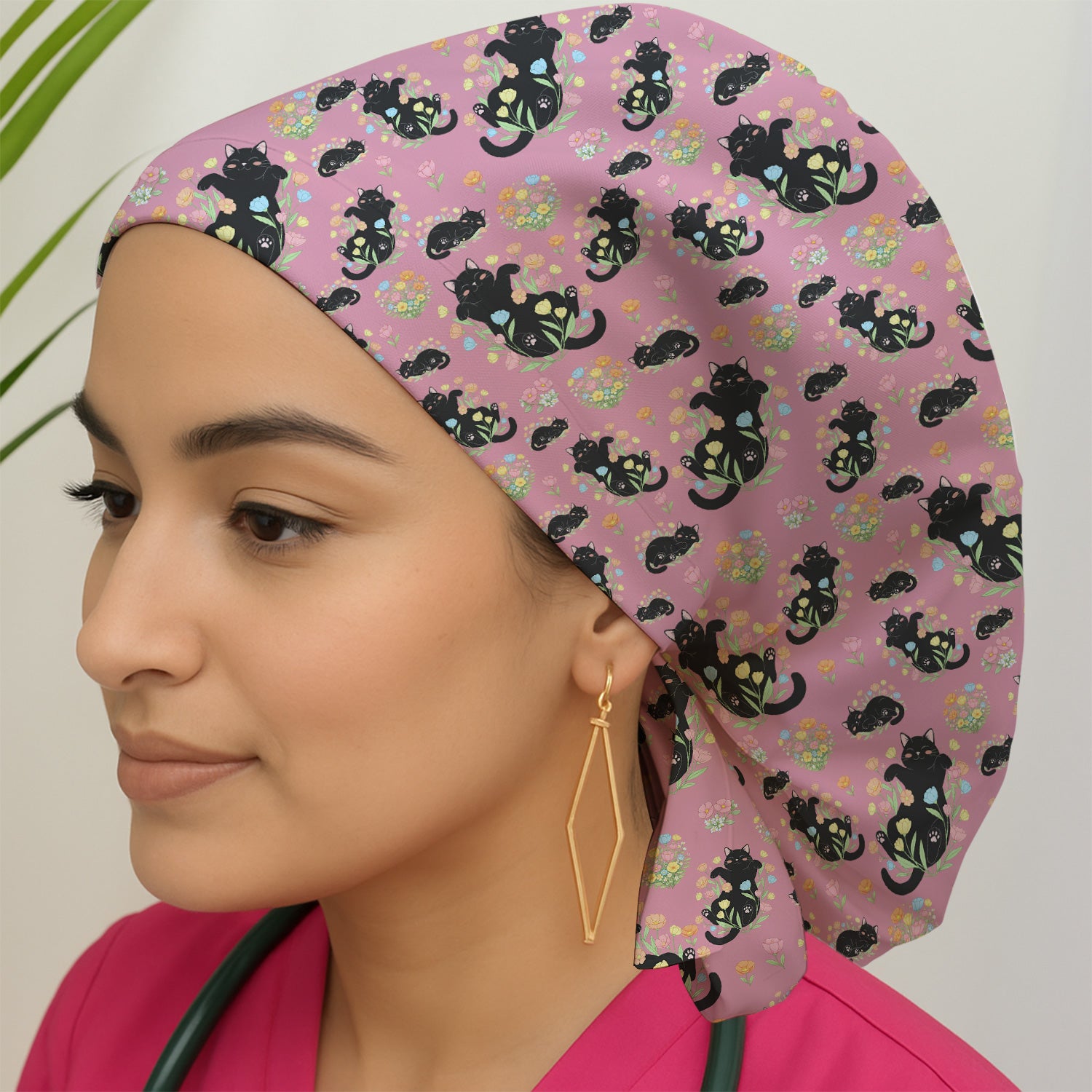 Cats With Cute Poses Floral Pattern Caps, Bouffant Scrub Caps for Women