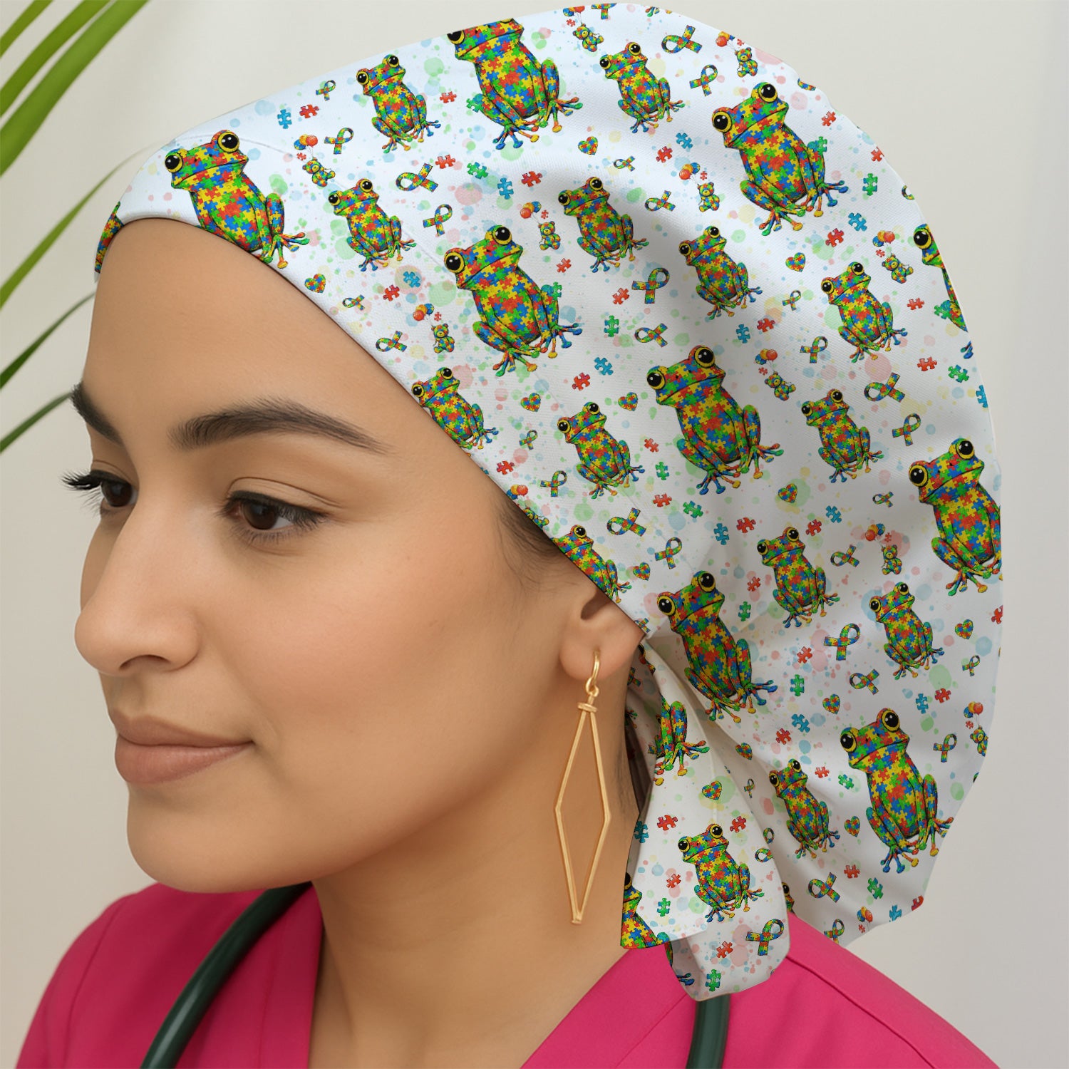 Colorful Autism Puzzle Frog Pattern Caps, Bouffant Scrub Caps for Women