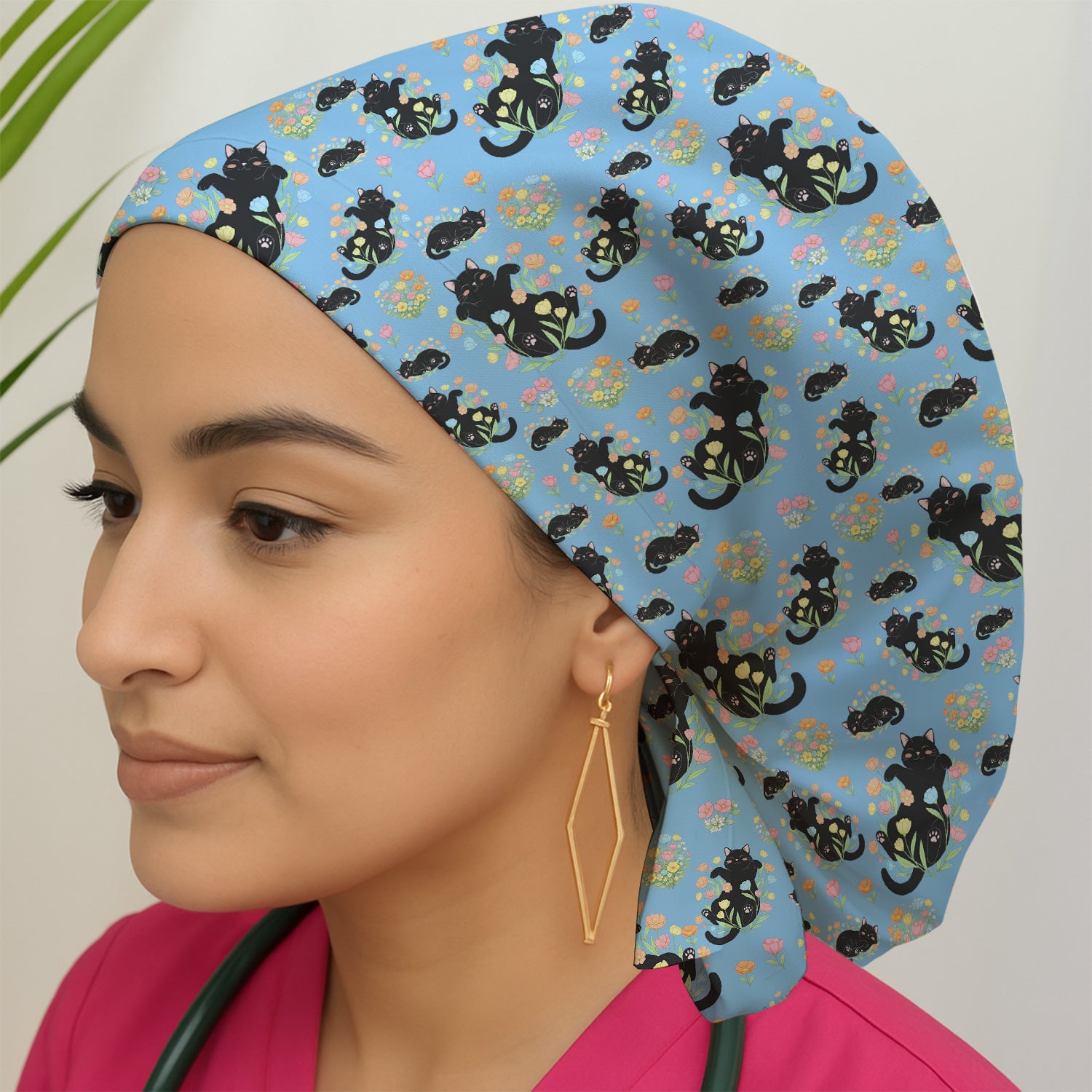 Cats With Cute Poses Floral Pattern Caps, Bouffant Scrub Caps for Women