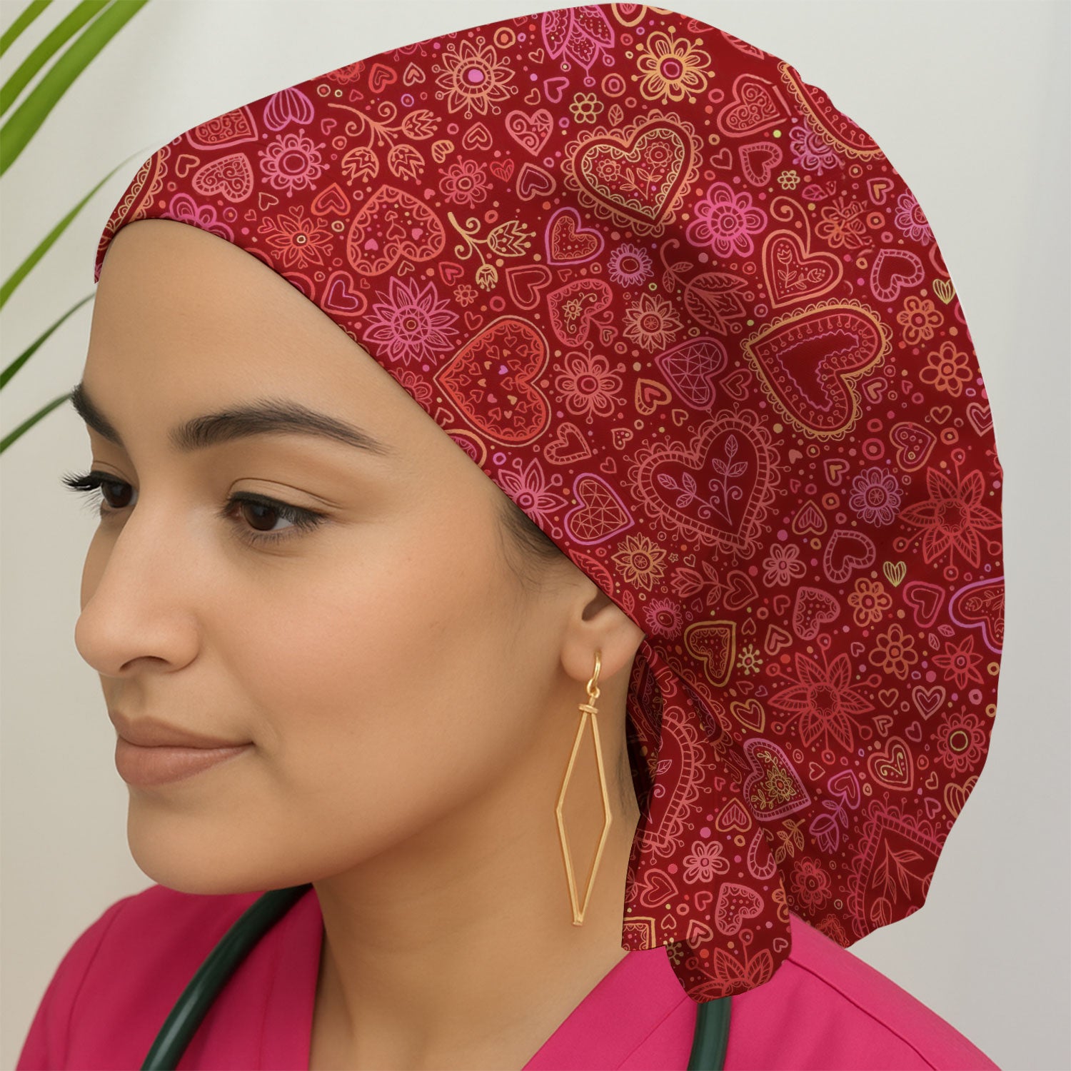 Valentine Heart Nurse Scrub Cap, Cute Nursing Pattern Hat, Breathable Fabrics Nursing Uniform