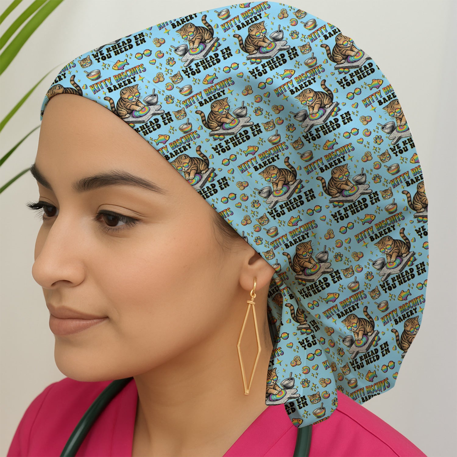 Pride Nurse Cat Baking Rainbow Dough Pattern Cap, Bouffant Scrub Caps for Women