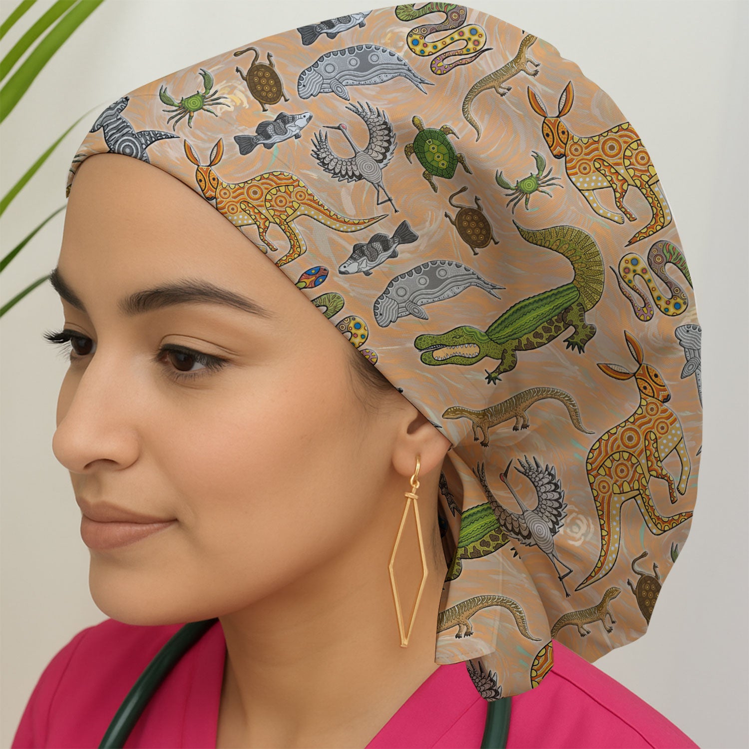 Crocodile Turtle Snake Animal Print Scrub Cap, Bouffant Surgical Caps