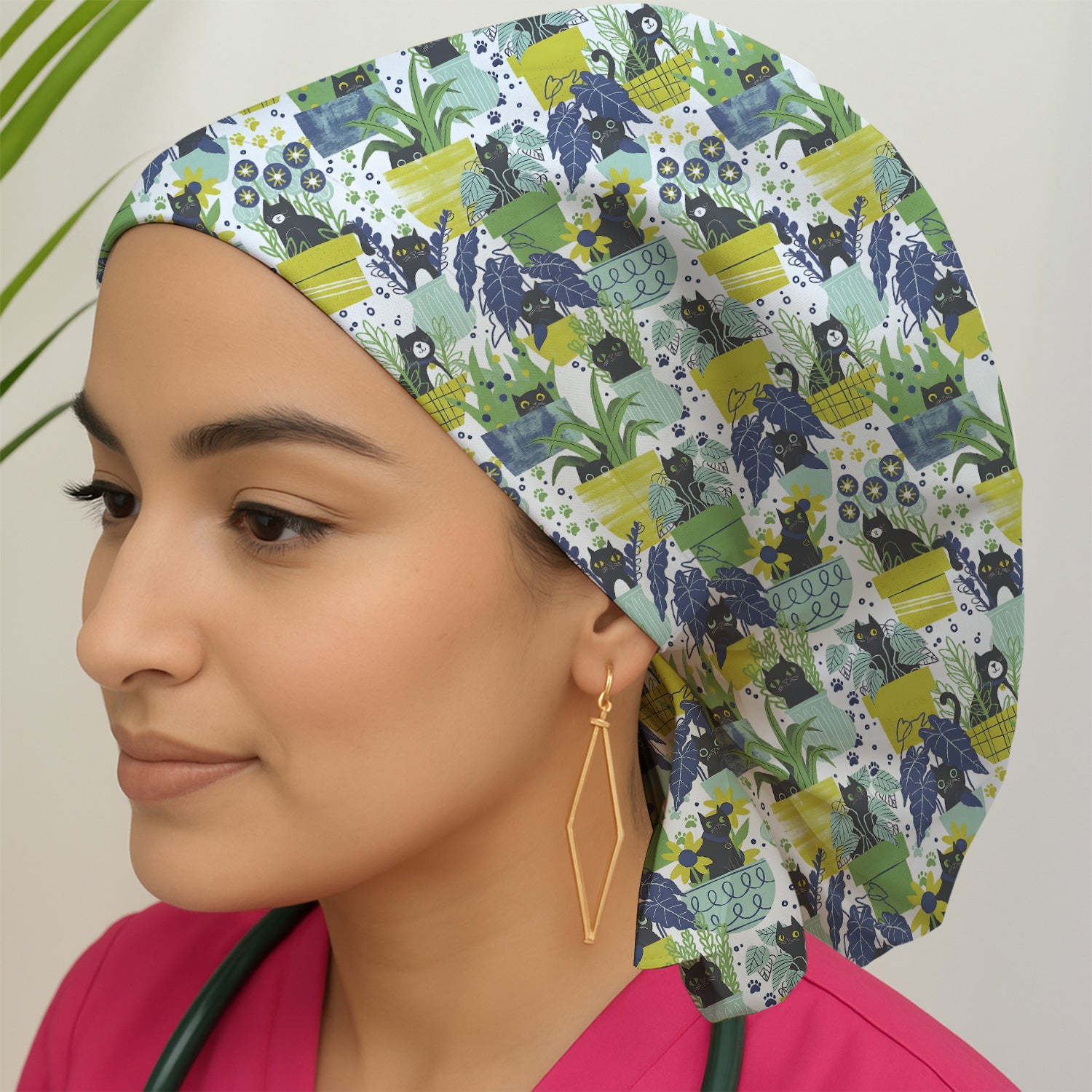 Black Cat Planter Garden Pattern Scrub Cap, Surgical Caps for Doctors