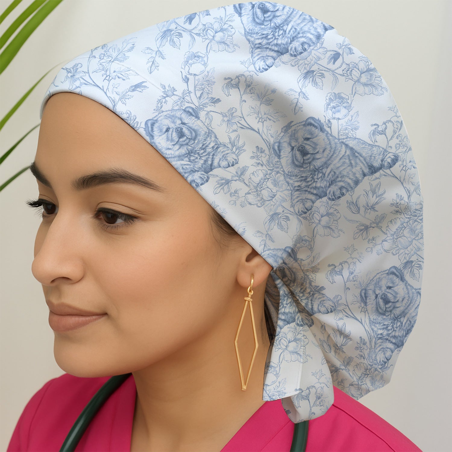 Custom Dog Cat Style Chinoiserie Pattern Caps, Bouffant Scrub Caps for Women