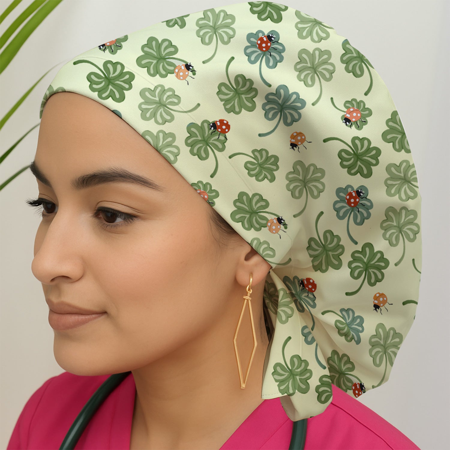 Clover and Ladybug Lucky Garden Pattern Caps, Bouffant Scrub Caps for Women
