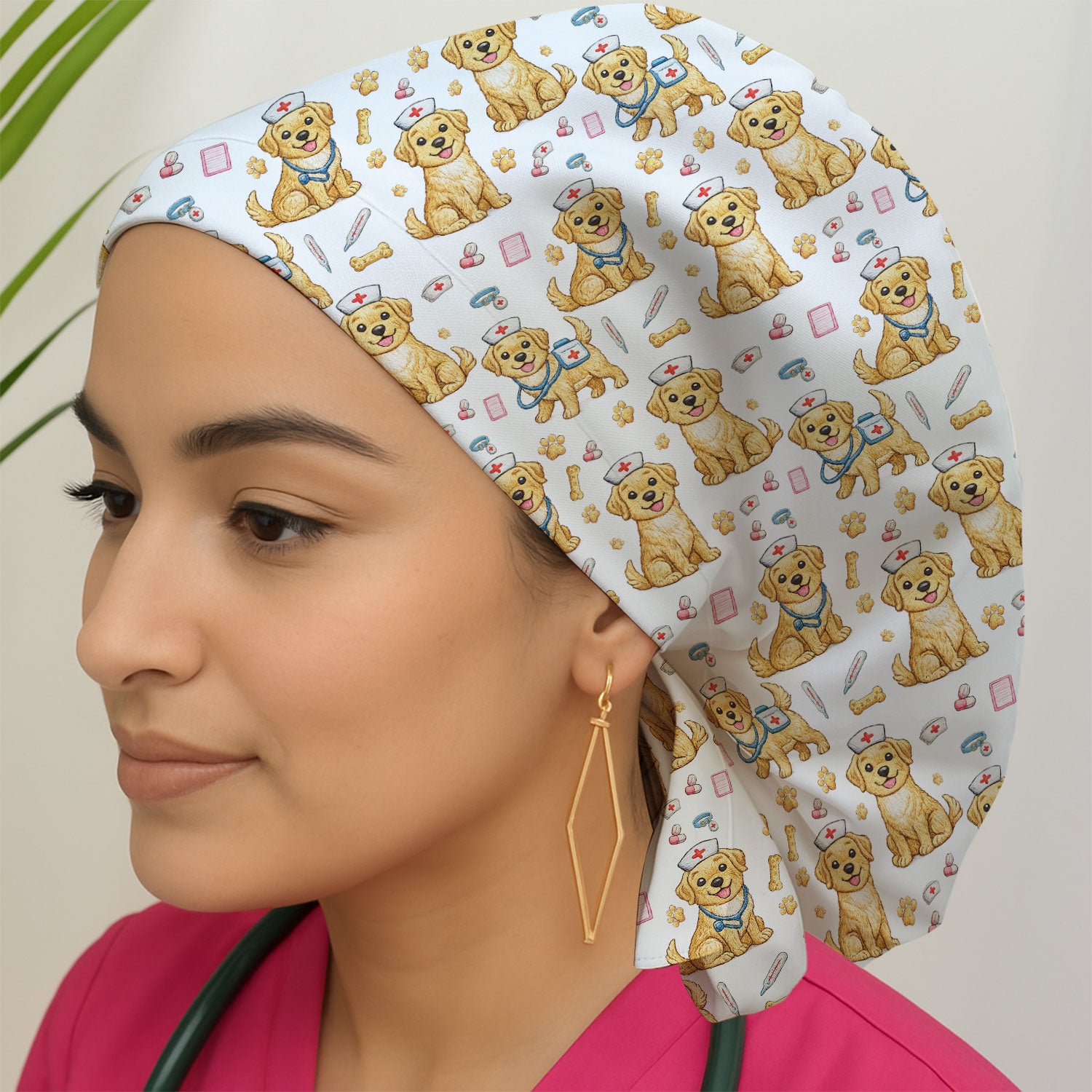 Cute Puppy Nurse Medical Print Cap, Bouffant Scrub Caps for Women