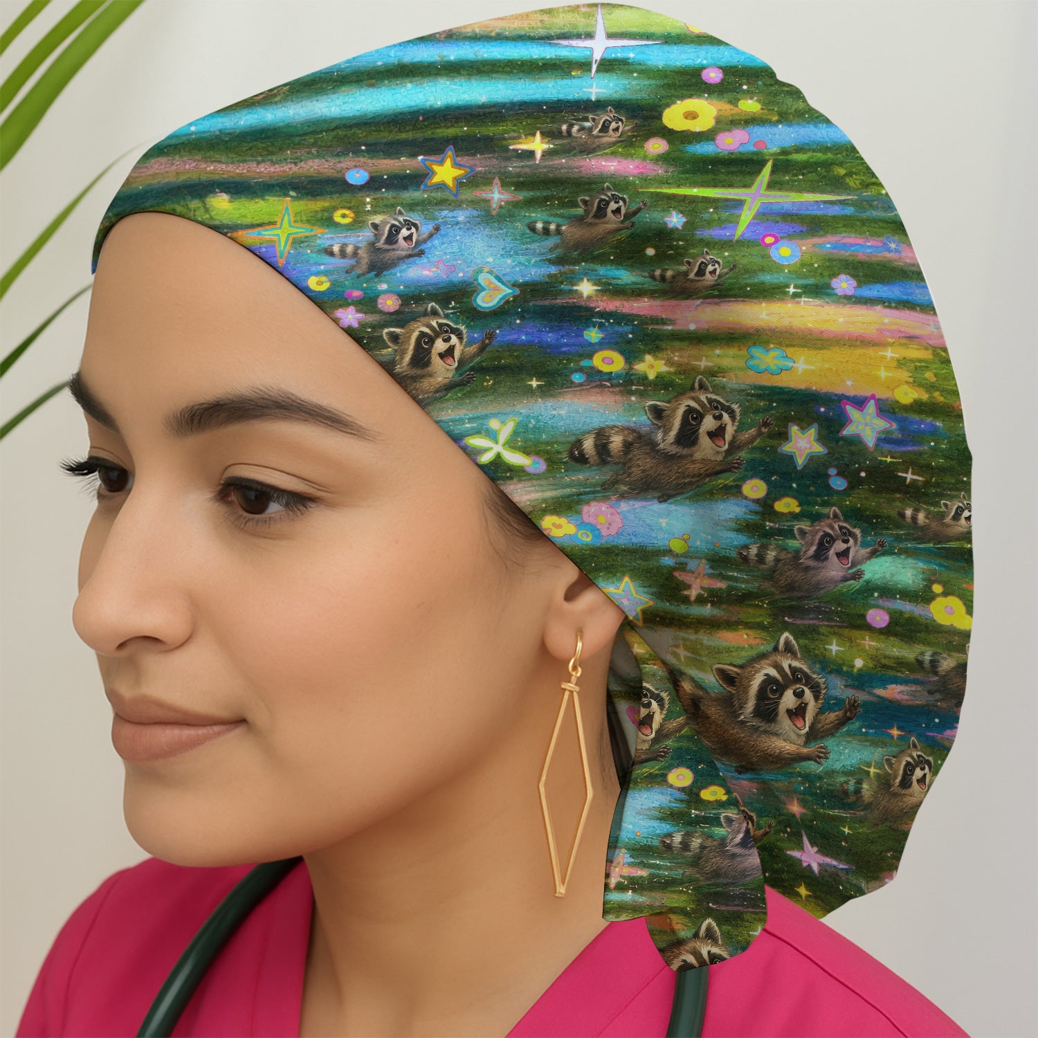 Cute Raccoon Rainbow Dash Pattern Scrub Cap, Surgical Caps for Doctors