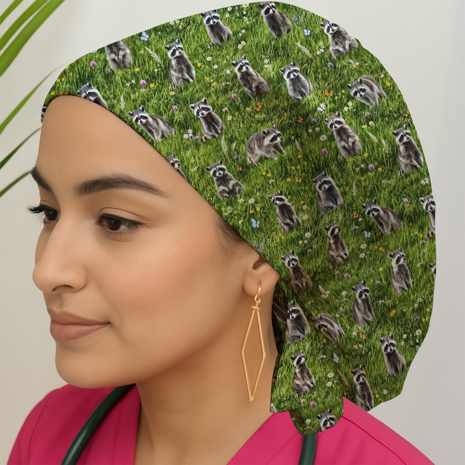 Raccoon Meadow Print Scrub Cap, Surgical Caps for Doctors