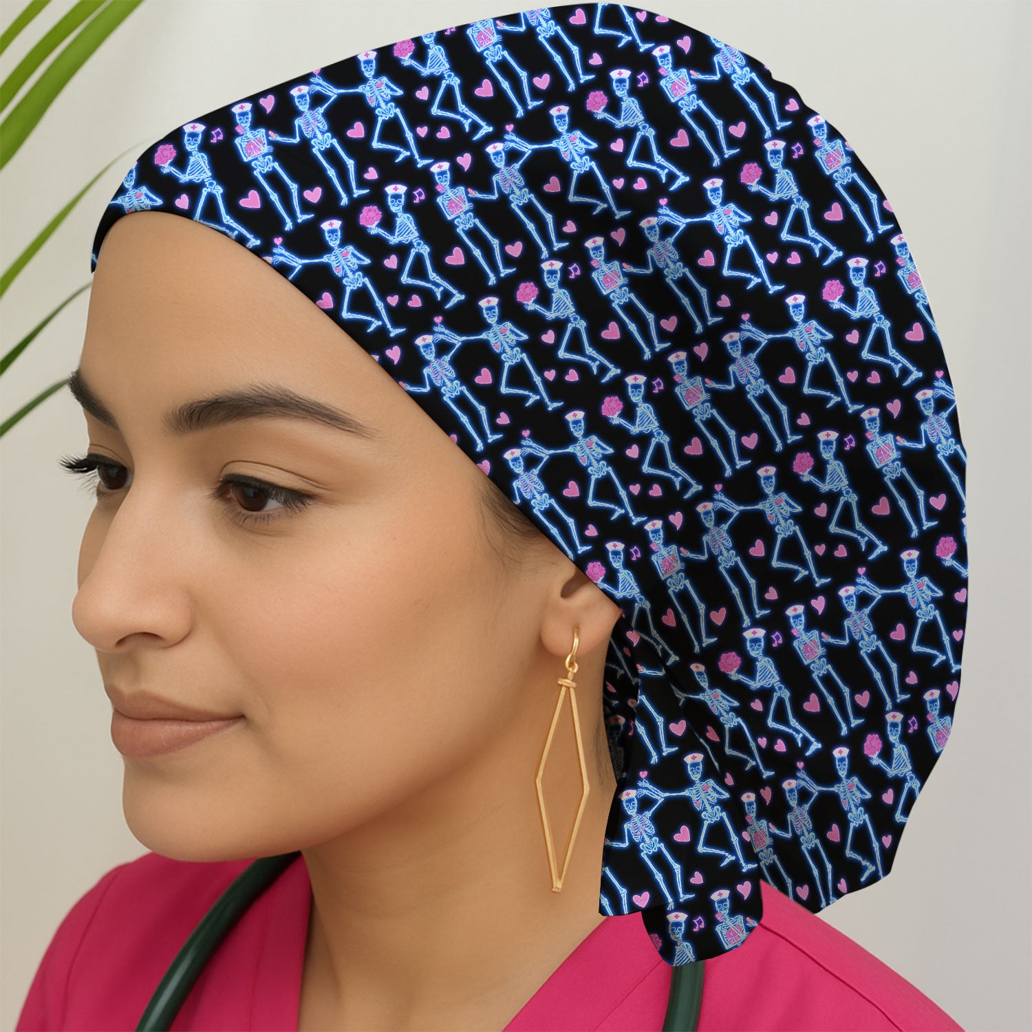 Skeleton Nurse Heart Pattern, Playful Nurse Style, Bouffant Scrub Caps for Women