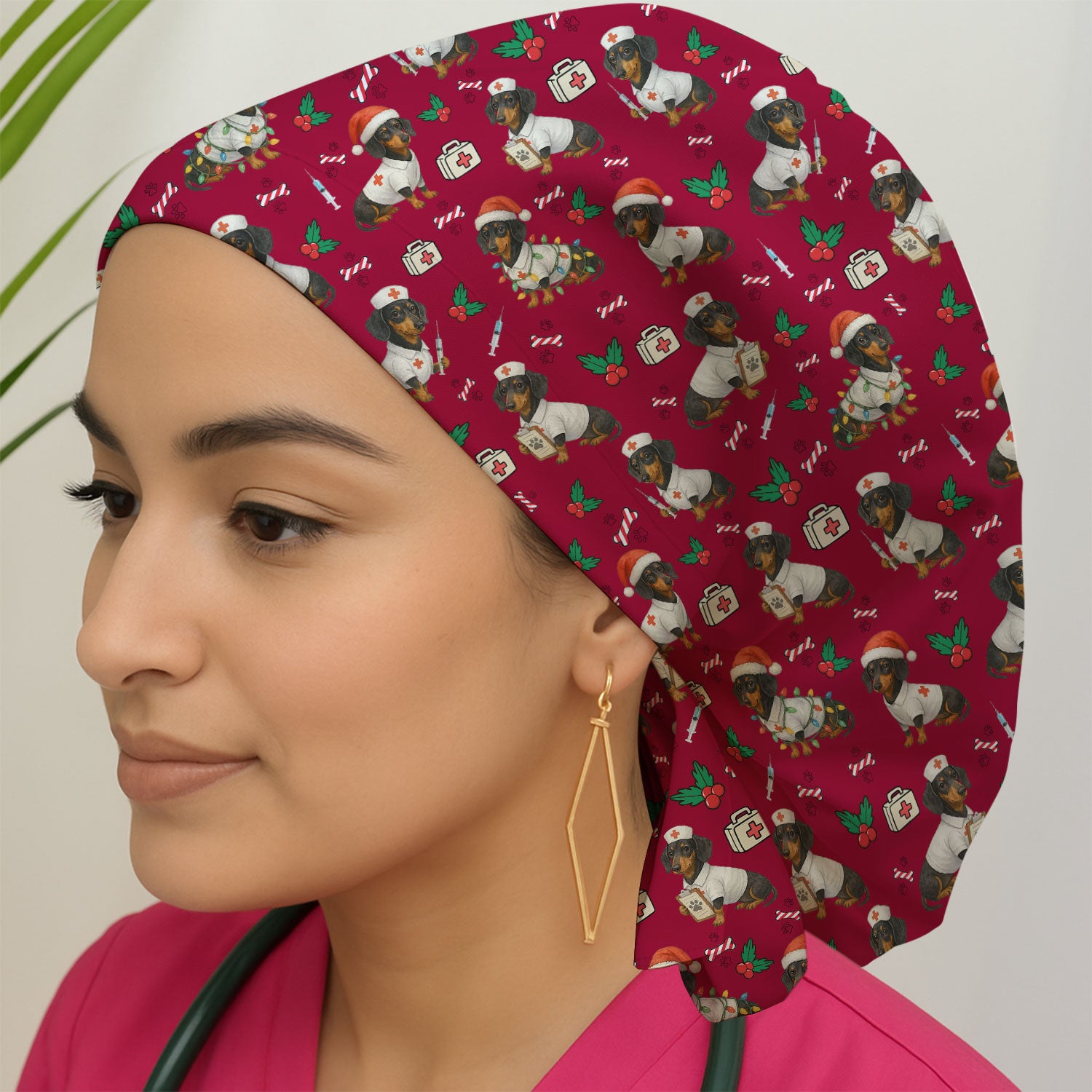 Custom Christmas Nurse Scrub Cap - Dachshund Dog Surgical Hat Multi Color - Funny Holiday Bouffant Cap for Women Nurses