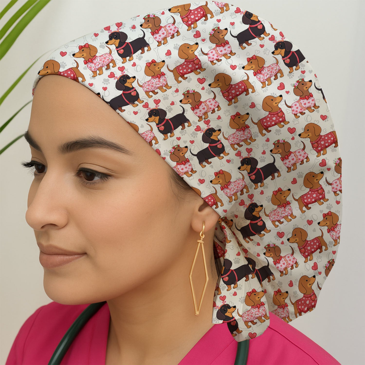 Valentine Dachshund Scrub Cap, Wiener Dog Love Pattern Nurse Hat, Breathable Fabrics Nursing Uniform