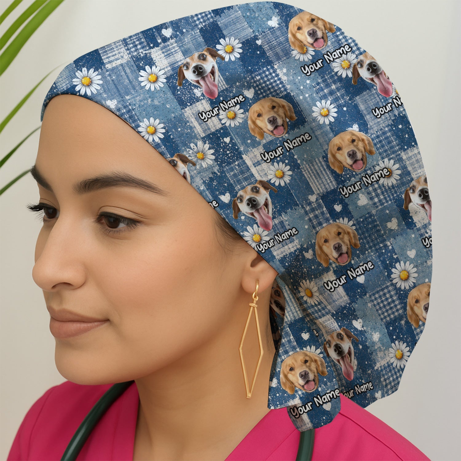 Personalized Cute Dog Portrait On Blue Patchwork Daisy Pattern Scrub Cap, Surgical Caps for Doctors