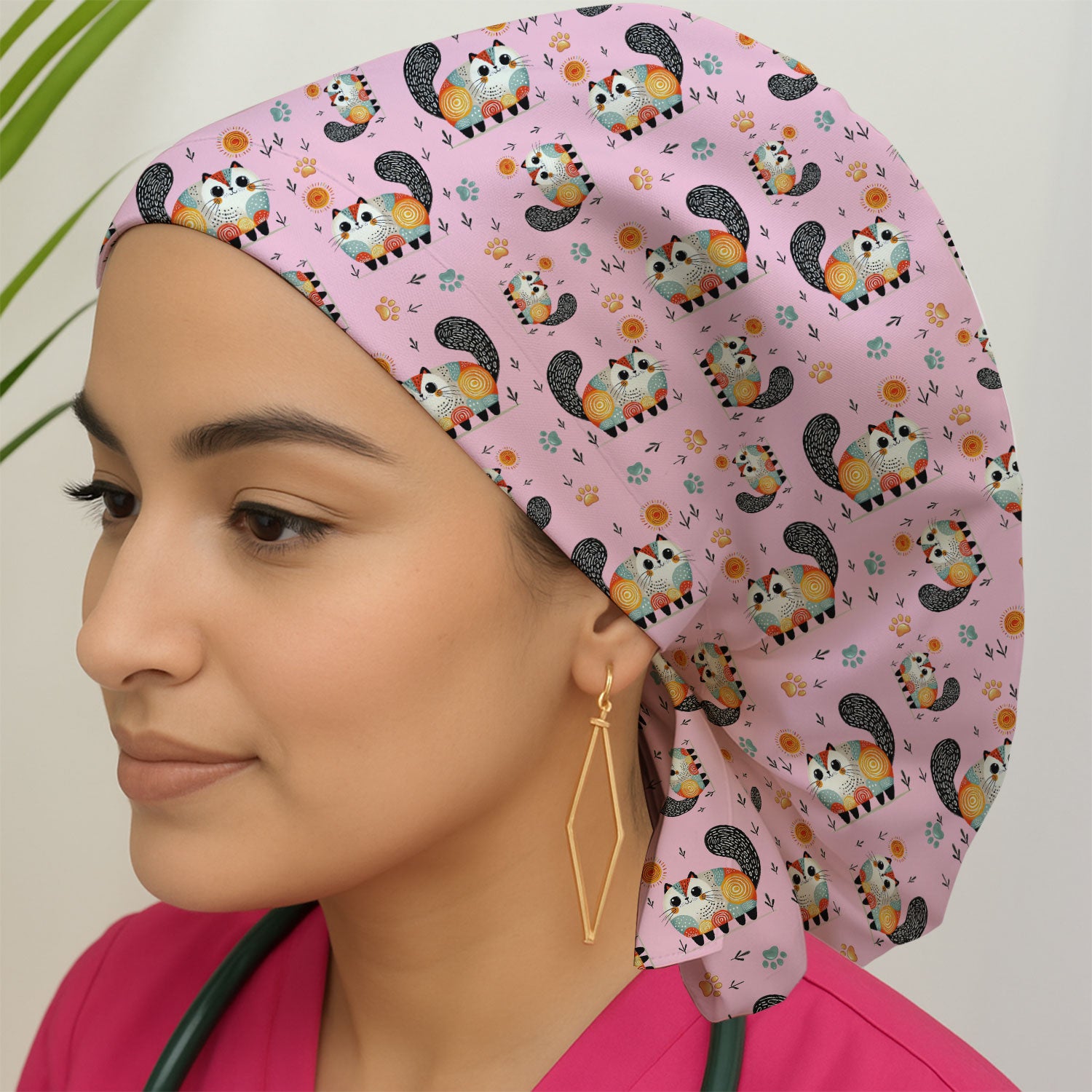 Playful Cat Illustration Scrub Cap, Bouffant Scrub Caps for Women