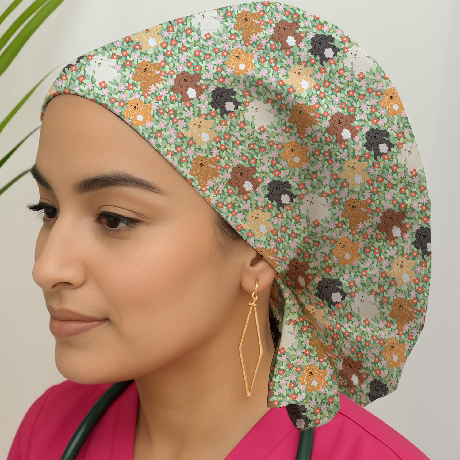 Cute Poodle Dogs Floral Pattern Caps, Bouffant Scrub Caps for Women
