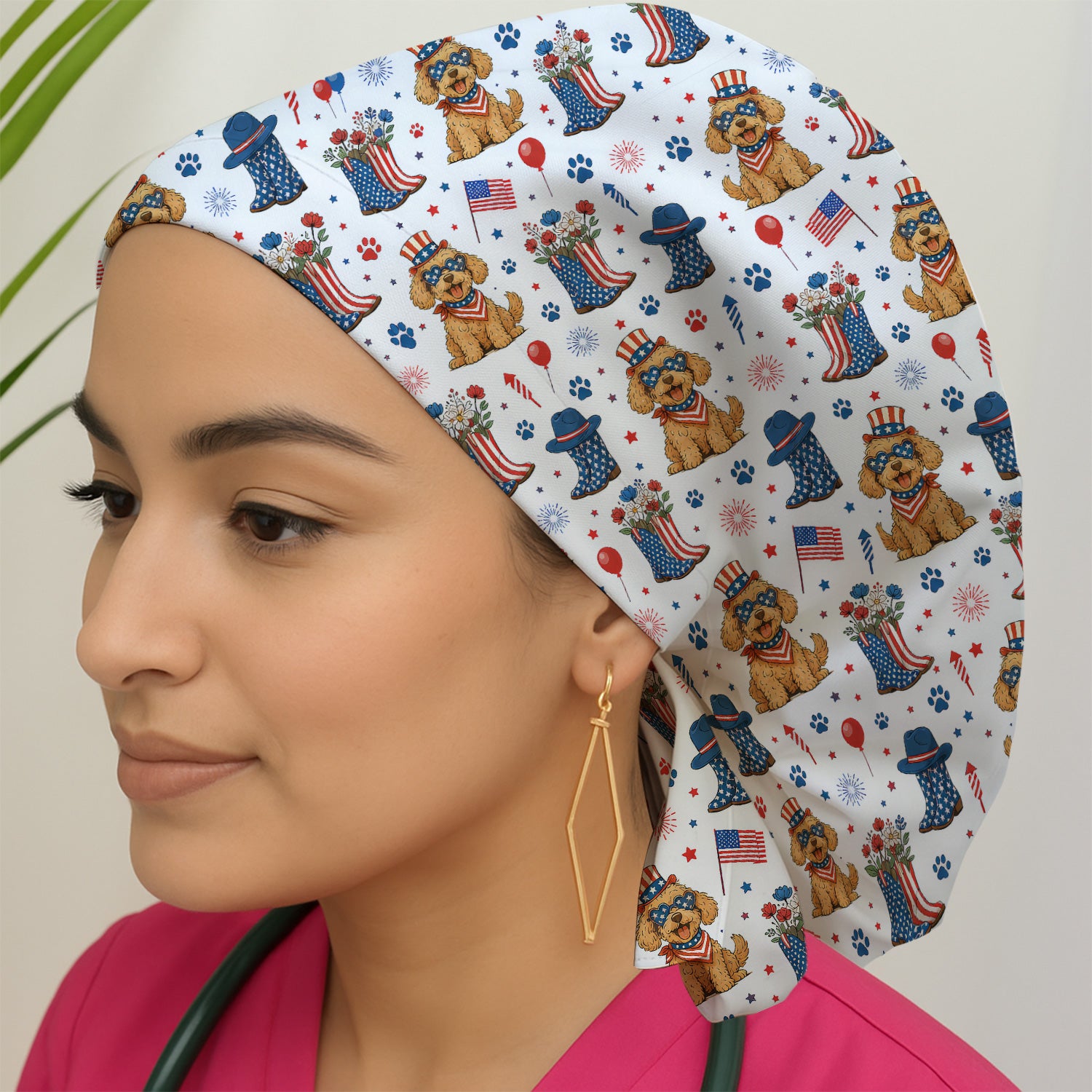 Patriotic Puppy Cowboy Boots Pattern Scrub Cap, Surgical Caps for Doctors