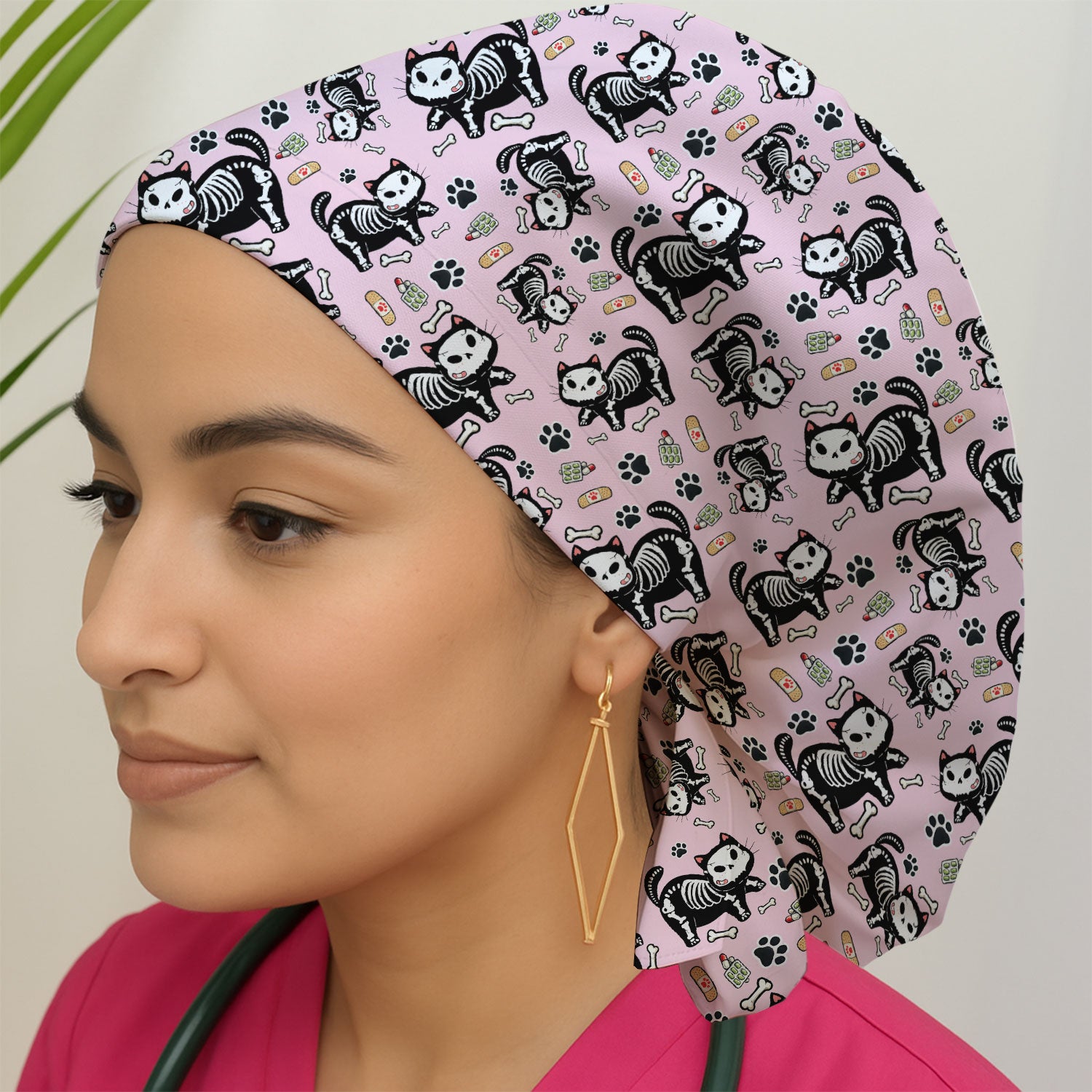 Skeleton Cat Medical Pattern Scrub Cap, Surgical Caps for Doctors