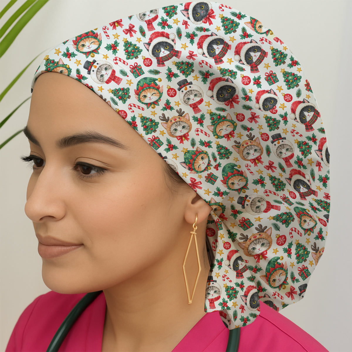 Christmas Cats And Trees Pattern Scrub Cap, Kawaii Medical Pattern Hat, Breathable Fabrics Nursing Uniform