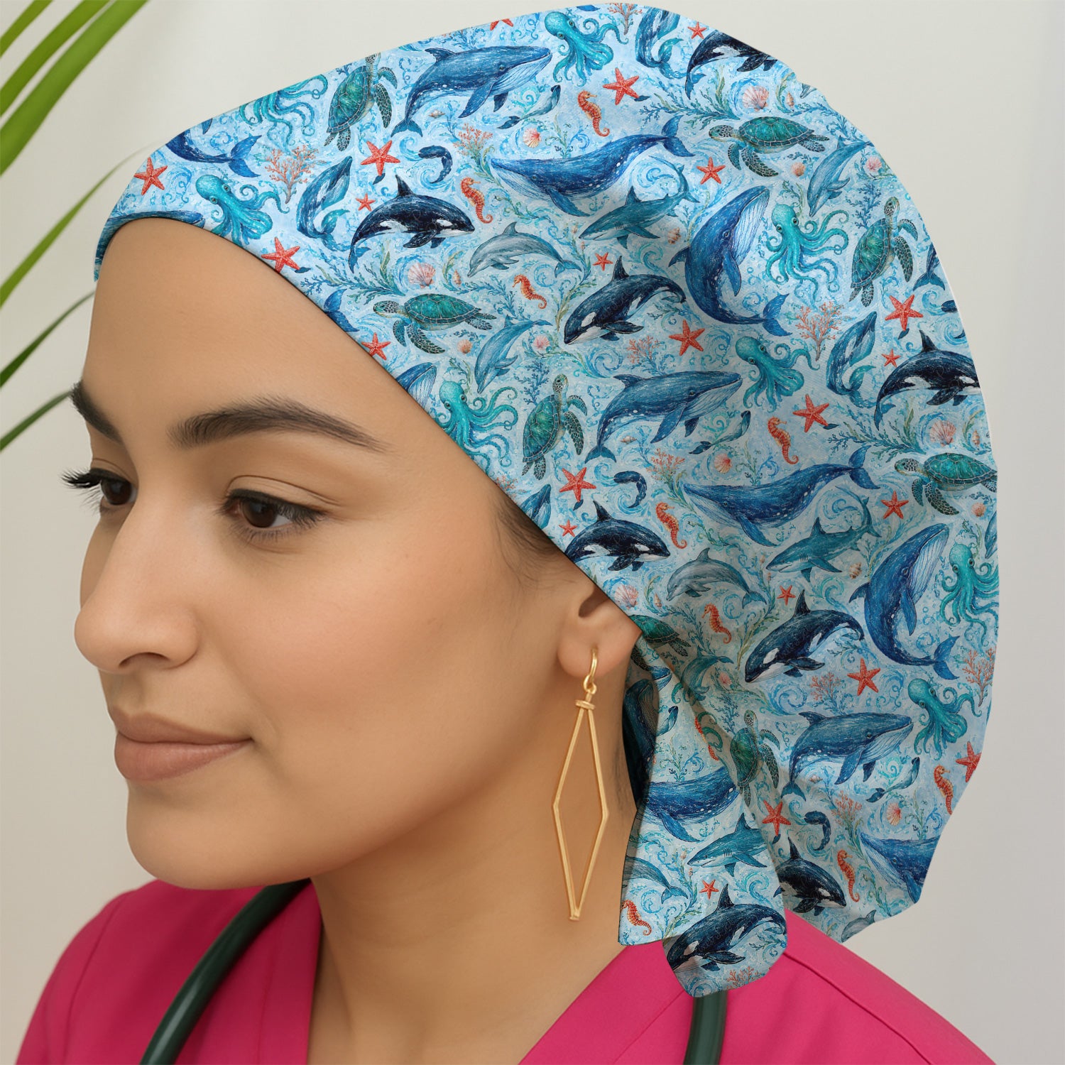 Watercolor Ocean Wildlife Scene Pattern Scrub Cap, Surgical Caps for Doctors