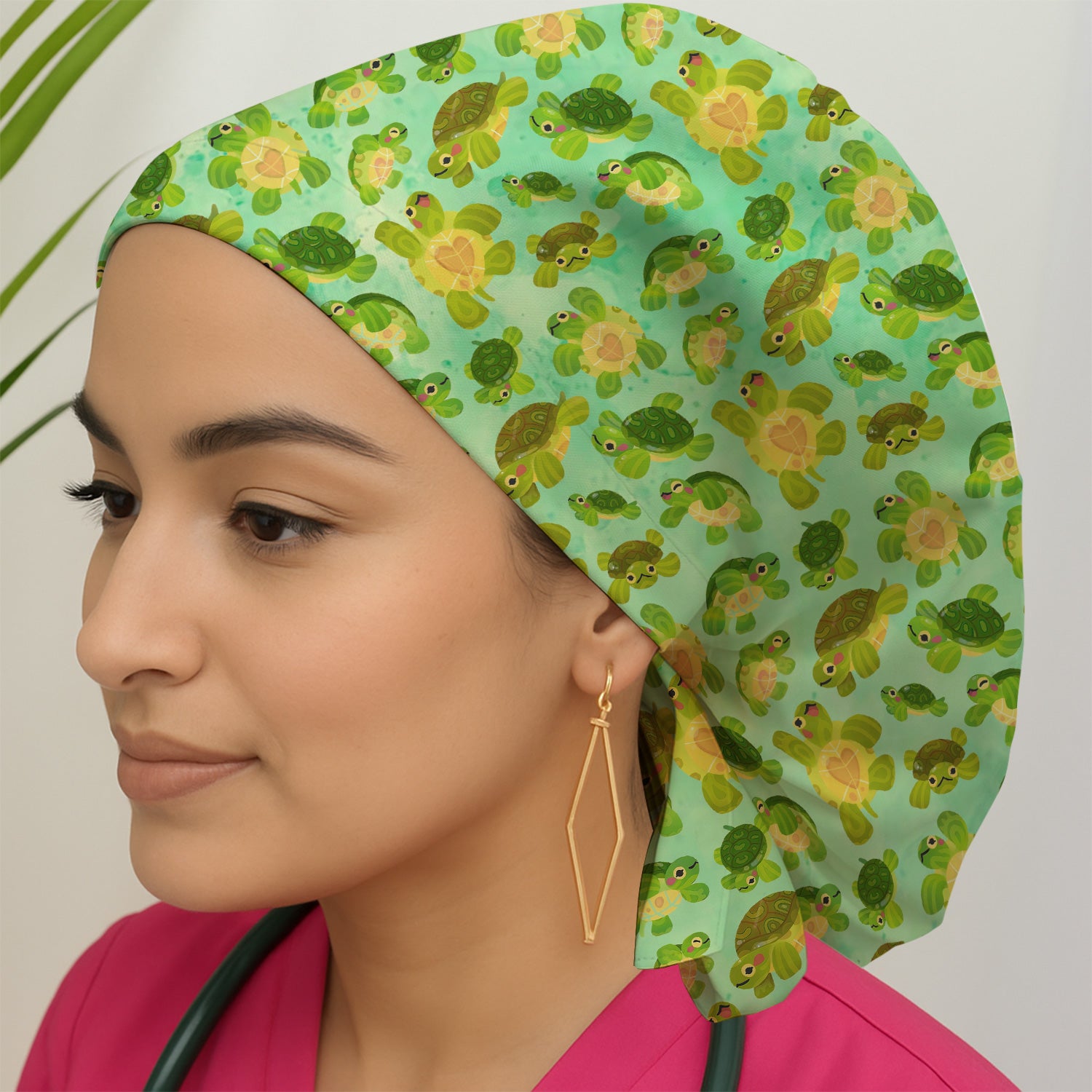 Cute Green Sea Turtle Pattern Scrubs Caps, Breathable Fabrics Caps Uniform