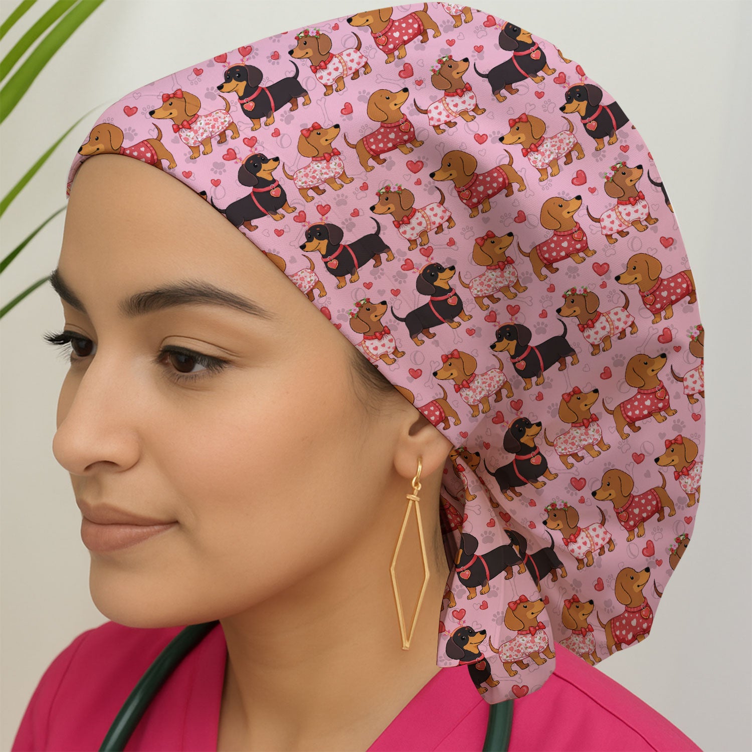 Valentine Dachshund Scrub Cap, Wiener Dog Love Pattern Nurse Hat, Breathable Fabrics Nursing Uniform