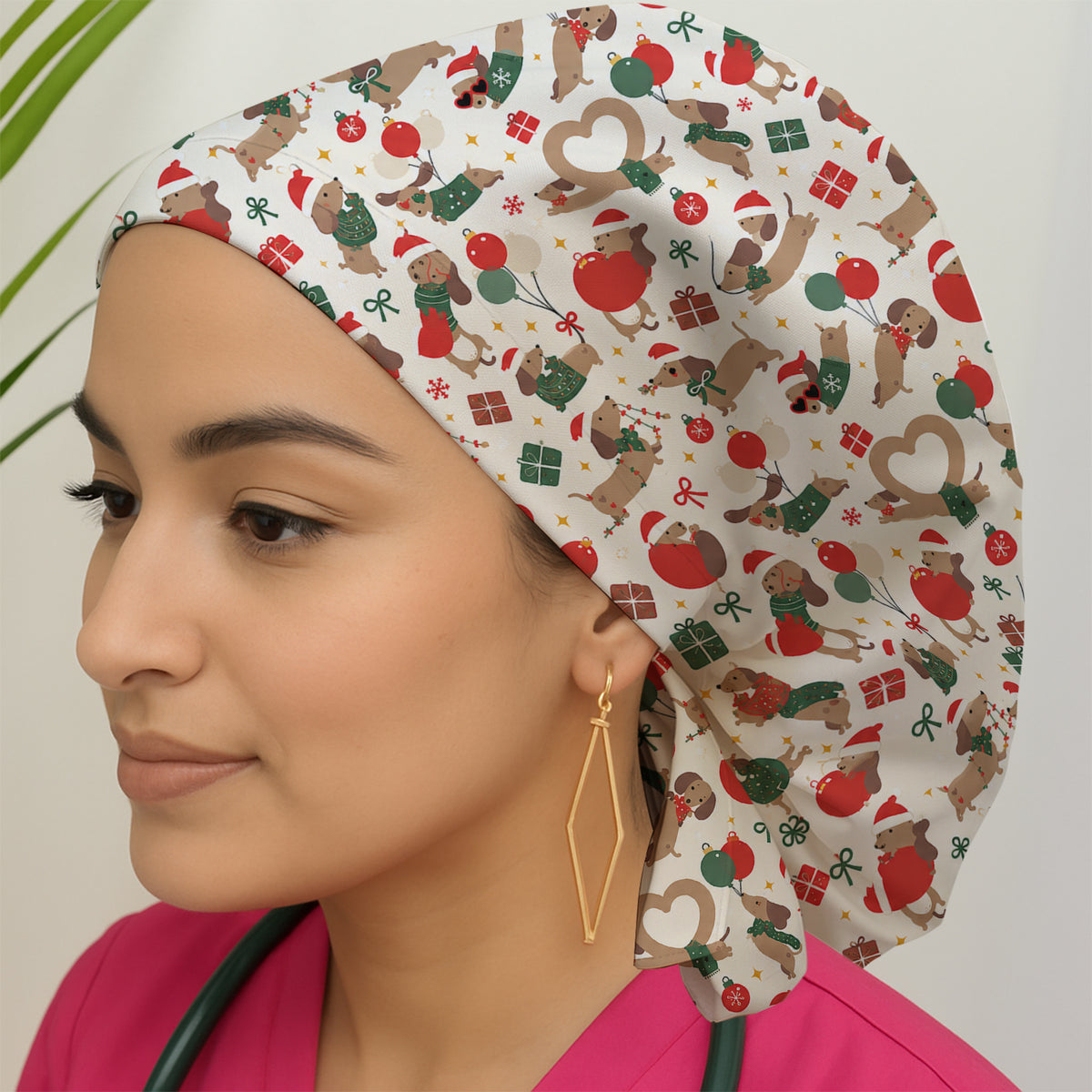 Cute Christmas Dachshund Pattern Scrub Cap, Surgical Caps for Doctors